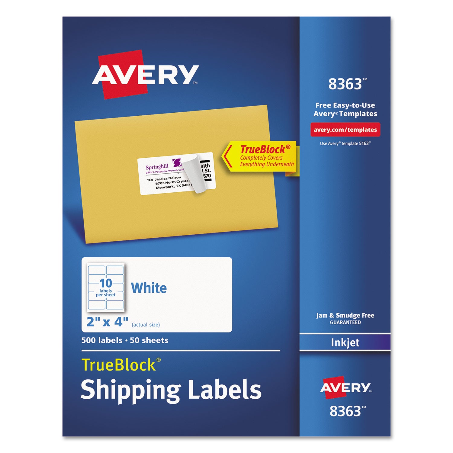 Shipping Labels w/ TrueBlock Technology, Inkjet Printers, 2 x 4, White, 10/Sheet, 50 Sheets/Box -