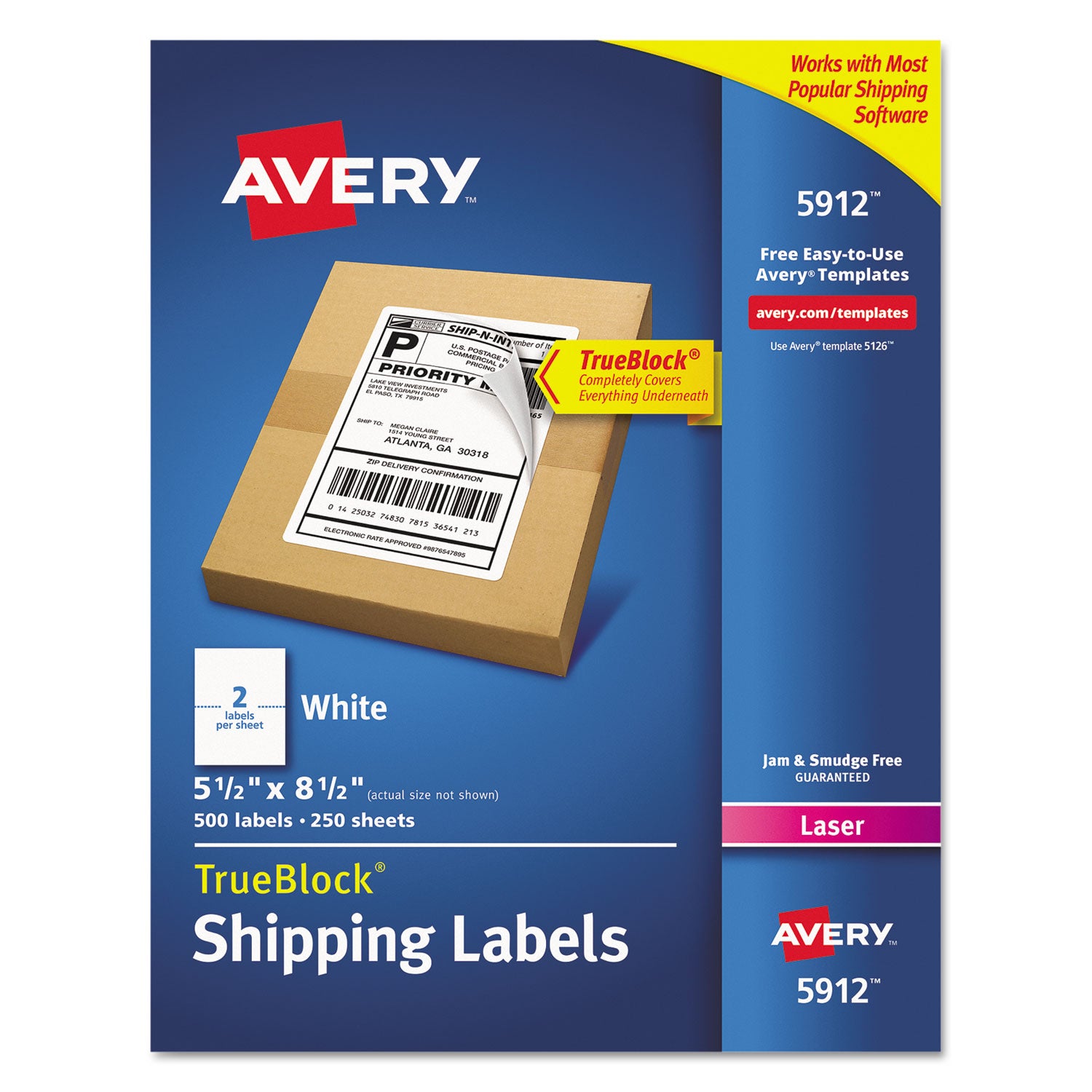 Shipping Labels w/ TrueBlock Technology, Laser Printers, 5.5 x 8.5, White, 2/Sheet, 250 Sheets/Box -