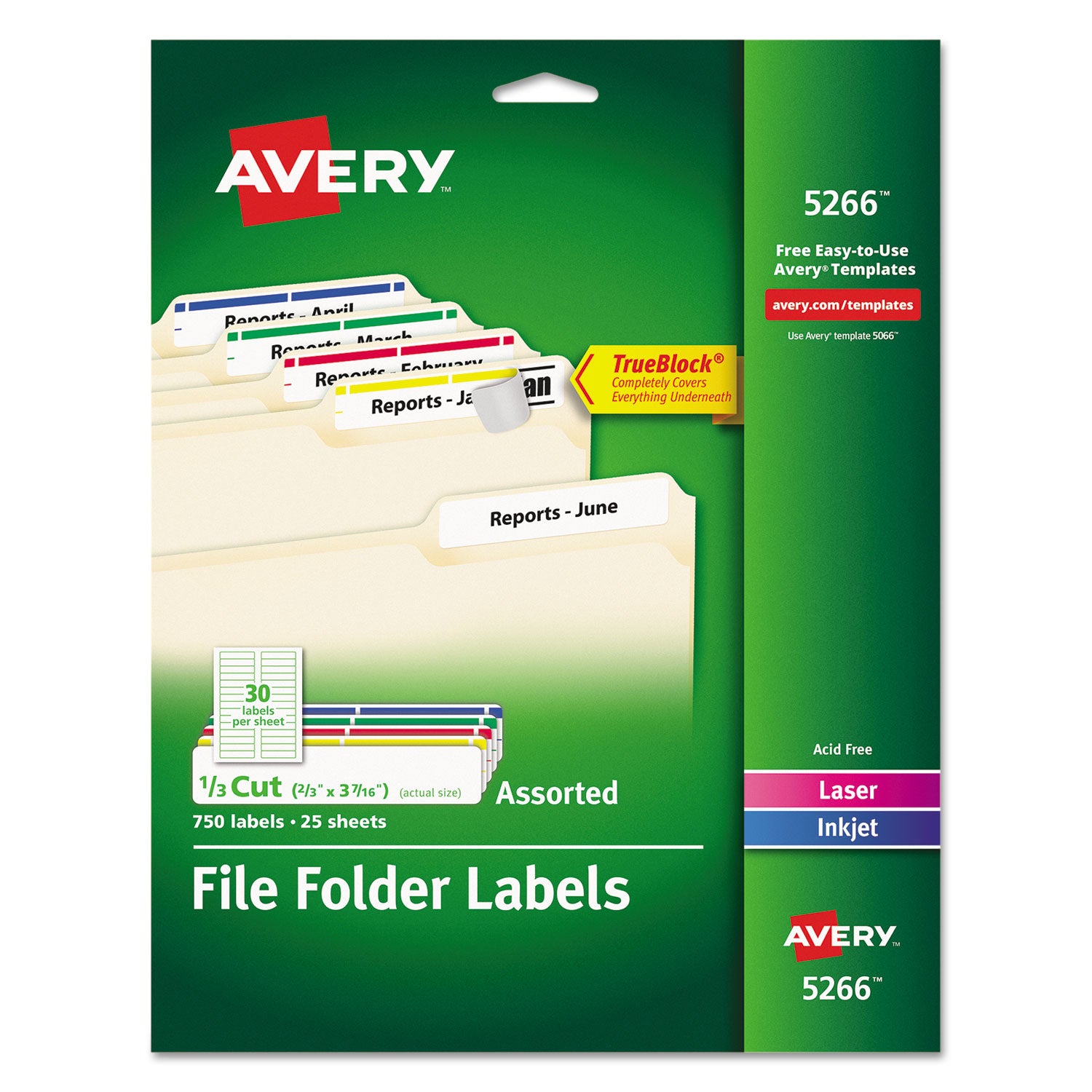 Permanent TrueBlock File Folder Labels with Sure Feed Technology, 0.66 x 3.44, White, 30/Sheet, 25 Sheets/Pack -