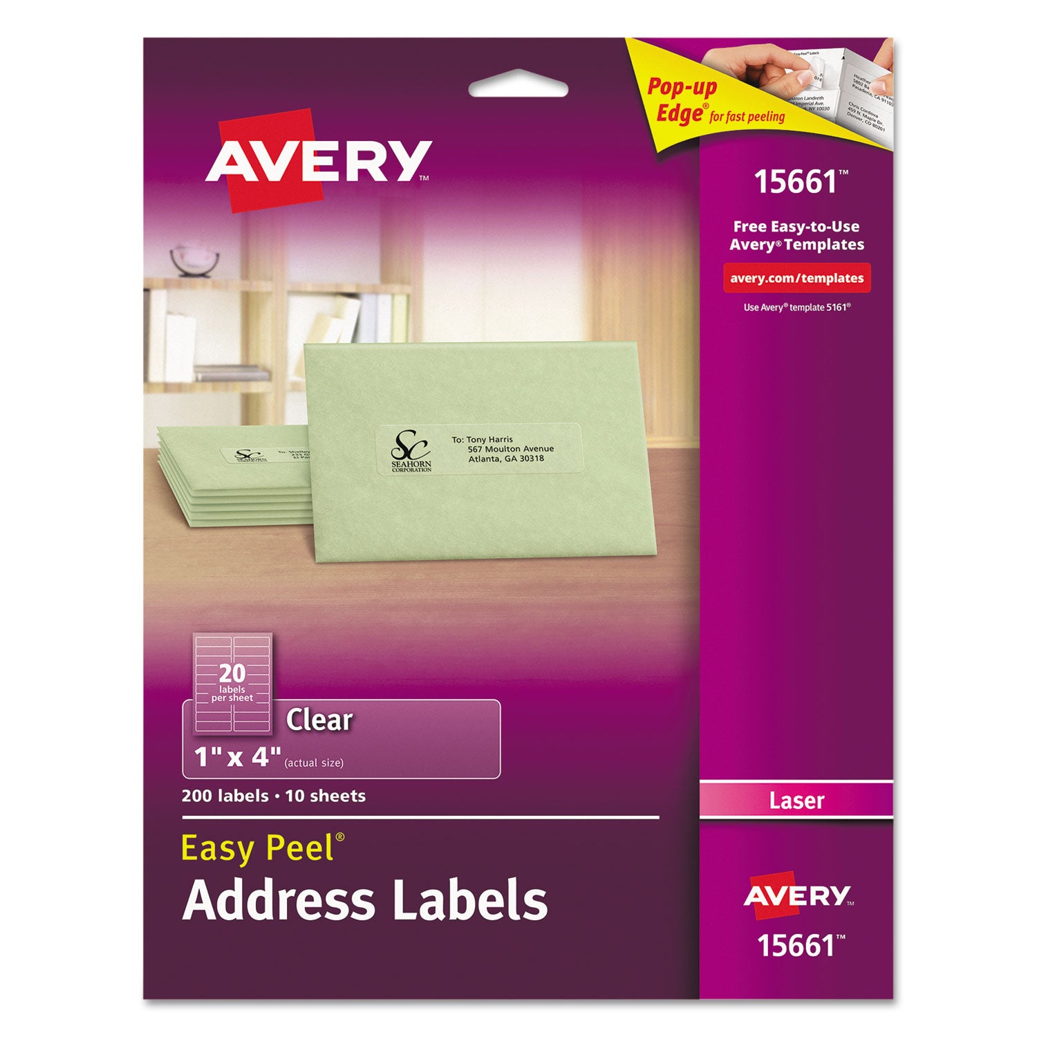 Matte Clear Easy Peel Mailing Labels w/ Sure Feed Technology, Laser Printers, 1 x 4, Clear, 20/Sheet, 10 Sheets/Pack -
