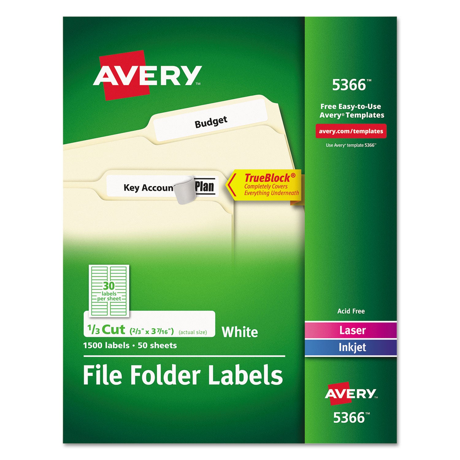 Permanent TrueBlock File Folder Labels with Sure Feed Technology, 0.66 x 3.44, White, 30/Sheet, 50 Sheets/Box -