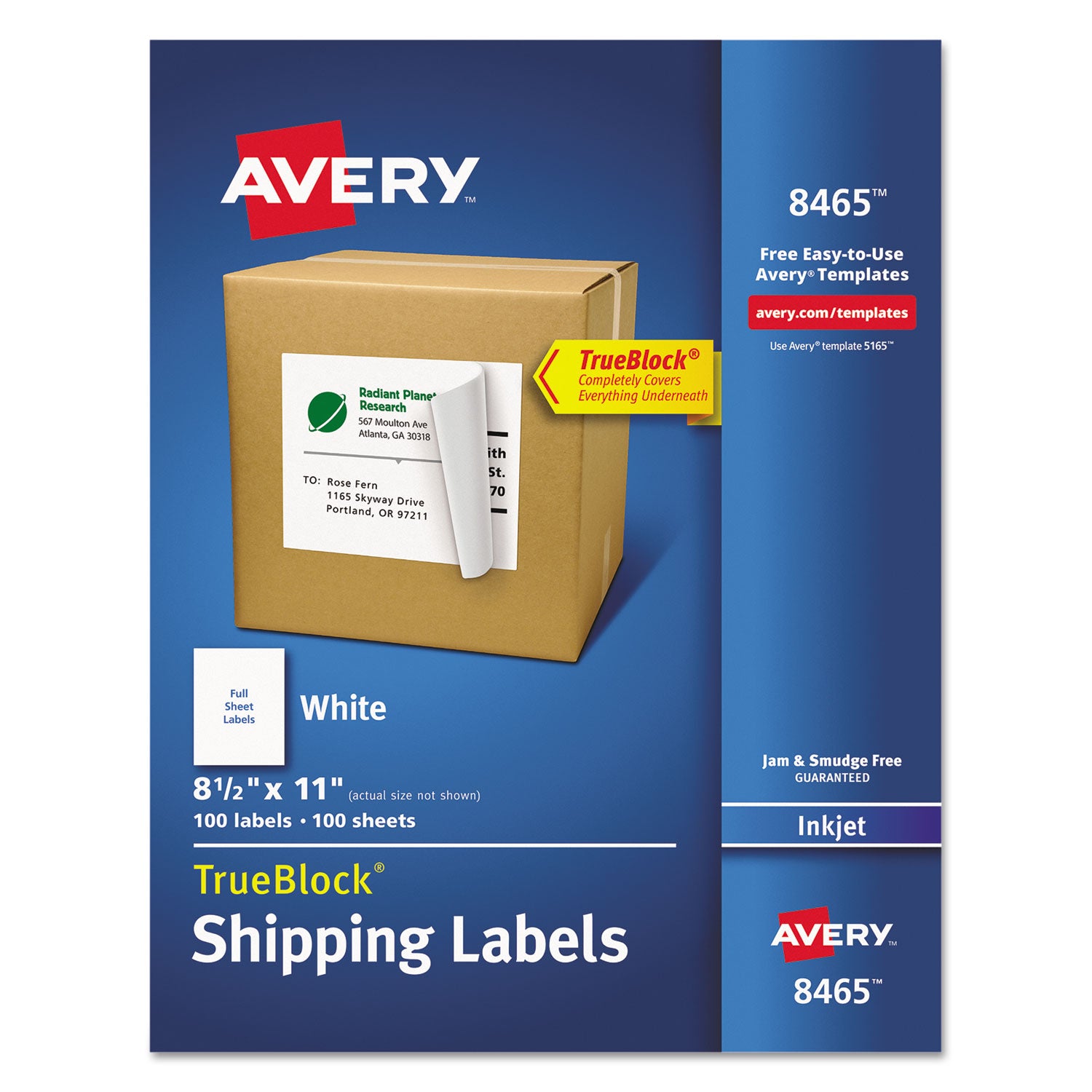 Shipping Labels with TrueBlock Technology, Inkjet Printers, 8.5 x 11, White, 100/Box -