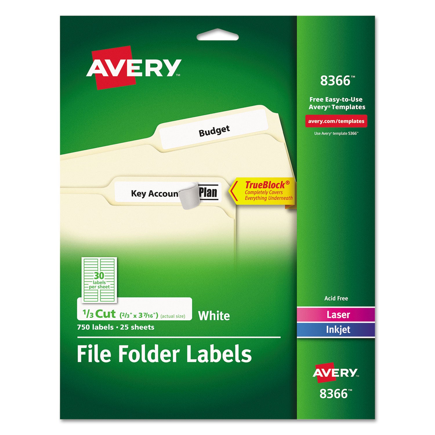 Permanent TrueBlock File Folder Labels with Sure Feed Technology, 0.66 x 3.44, White, 30/Sheet, 25 Sheets/Pack -
