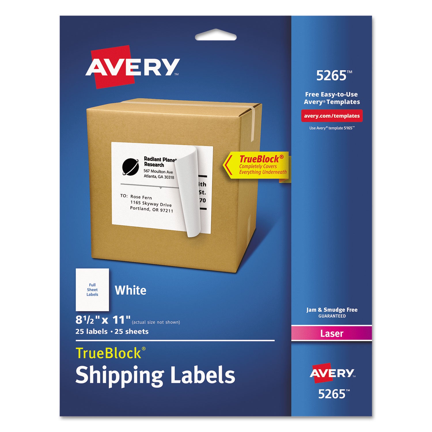 Shipping Labels with TrueBlock Technology, Laser Printers, 8.5 x 11, White, 25/Pack -