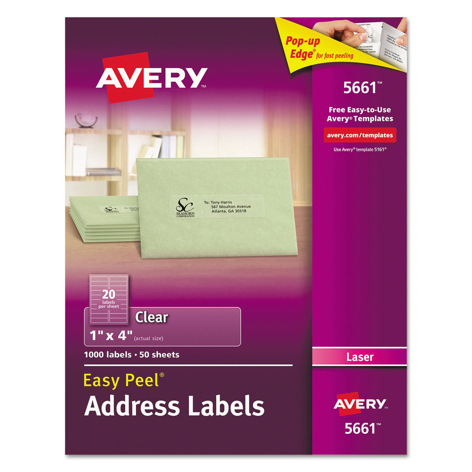 Matte Clear Easy Peel Mailing Labels w/ Sure Feed Technology, Laser Printers, 1 x 4, Clear, 20/Sheet, 50 Sheets/Box -