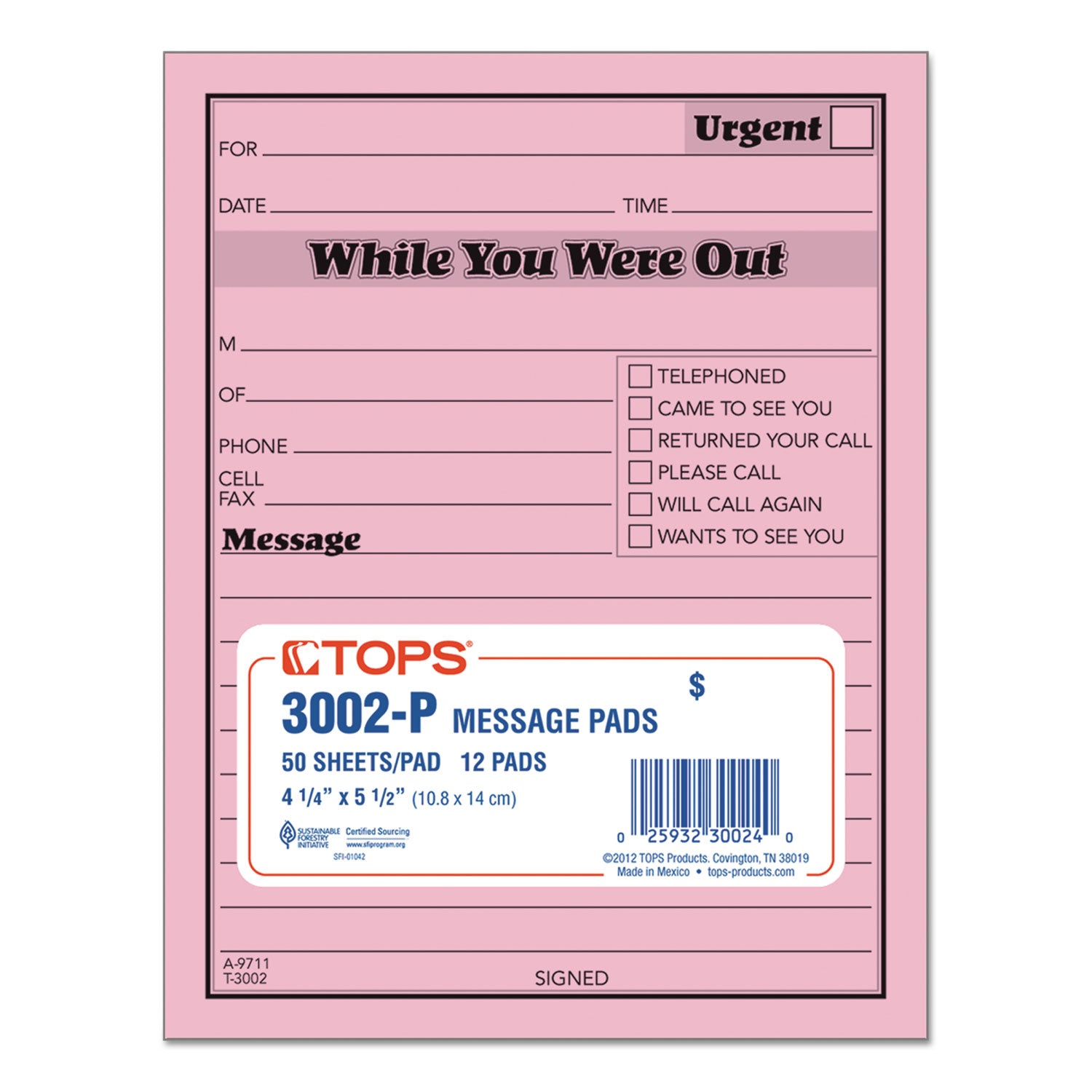 Pink Message Pad, One-Part (No Copies), 4.25 x 5.5, 50 Forms/Pad, 12 Pads/Pack -