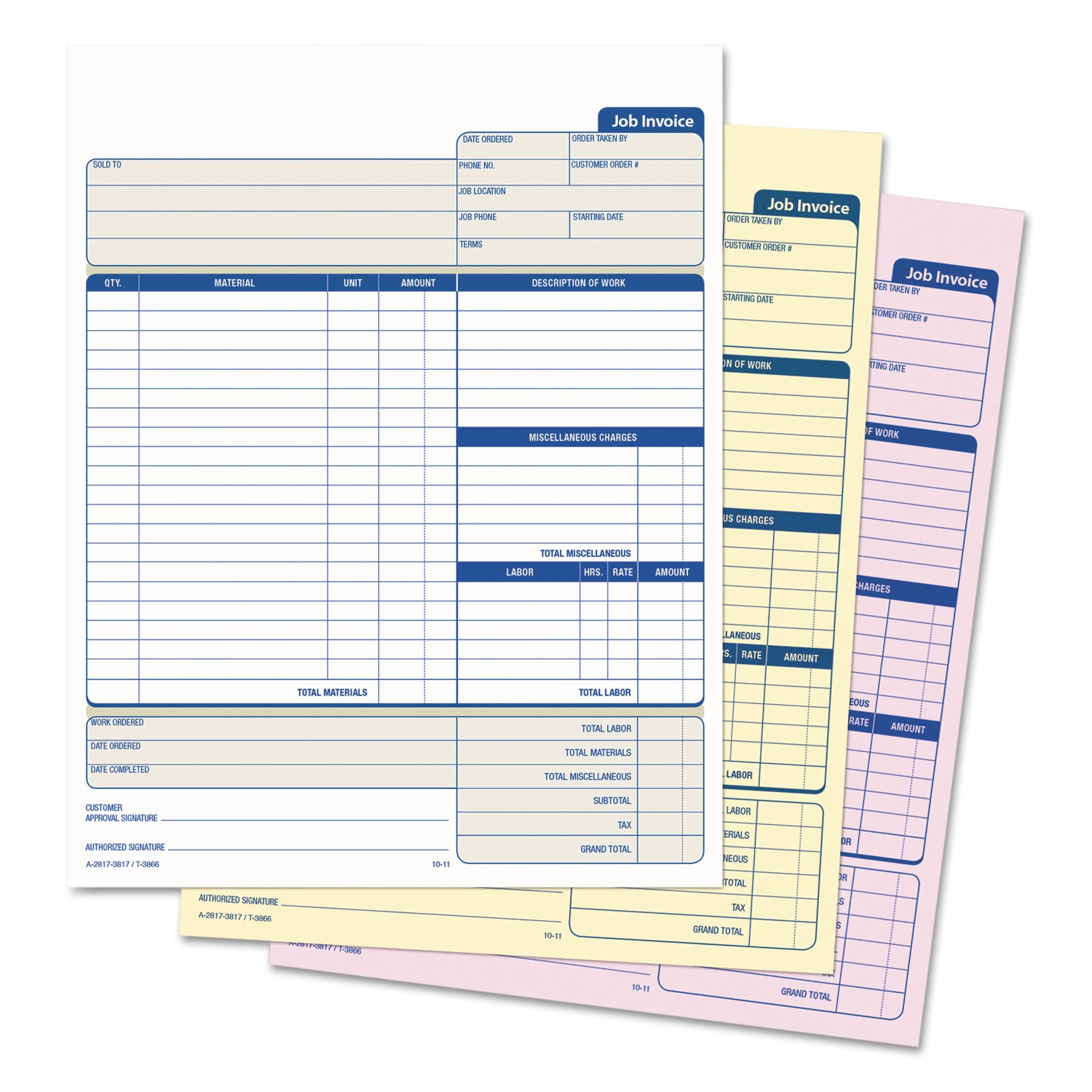 Job Invoice, Snap-Off Triplicate Form, Three-Part Carbonless, 8.5 x 11.63, 50 Forms Total -