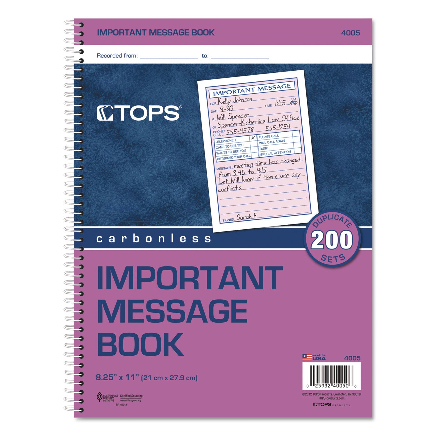 Telephone Message Book with Fax/Mobile Section, Two-Part Carbonless, 3.88 x 5.5, 4 Forms/Sheet, 200 Forms Total -