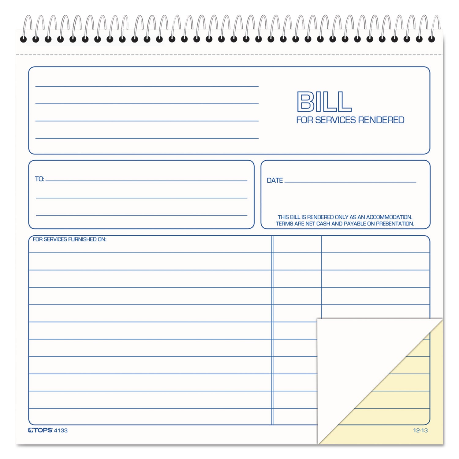 Bill for Services Rendered Book, Two-Part Carbonless, 8.5 x 7.75, 50 Forms Total -