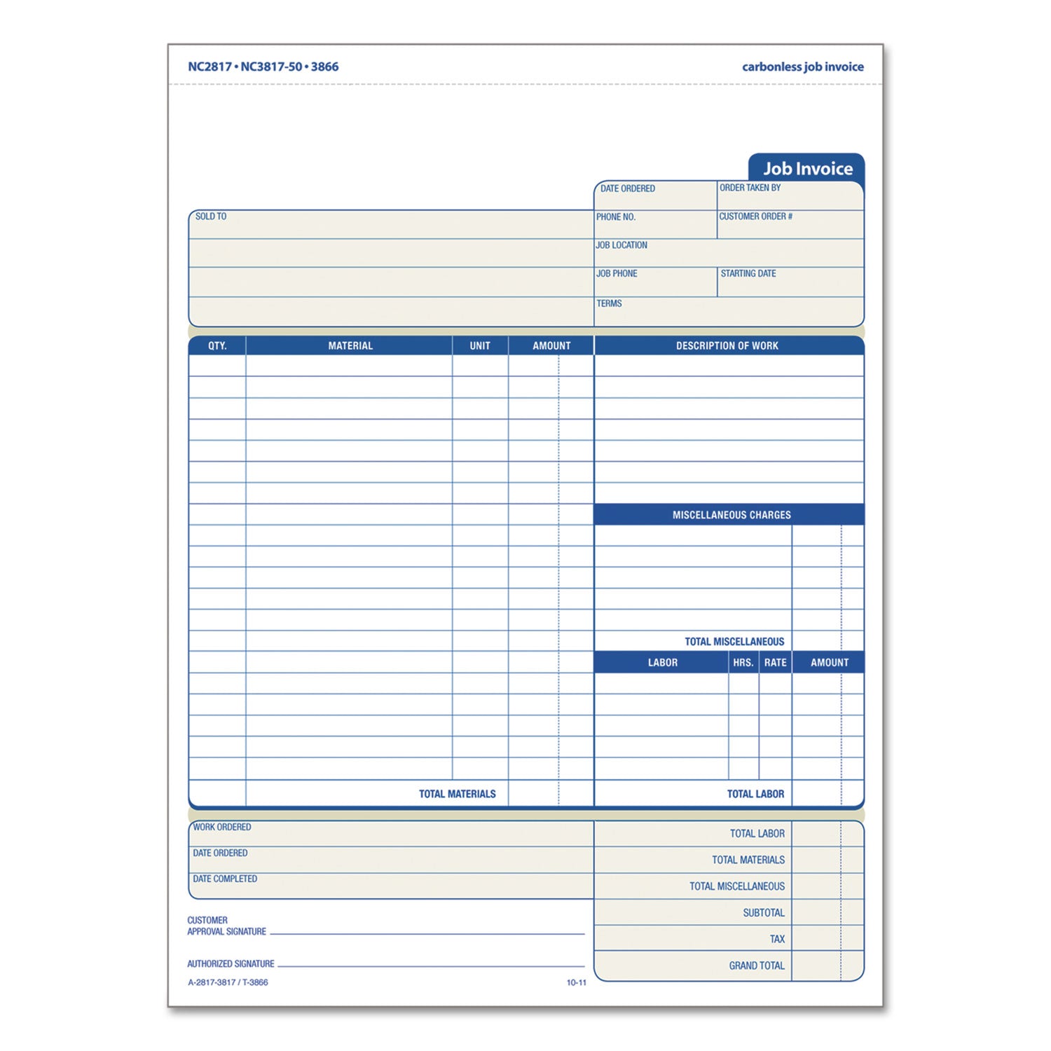 Job Invoice, Snap-Off Triplicate Form, Three-Part Carbonless, 8.5 x 11.63, 50 Forms Total -