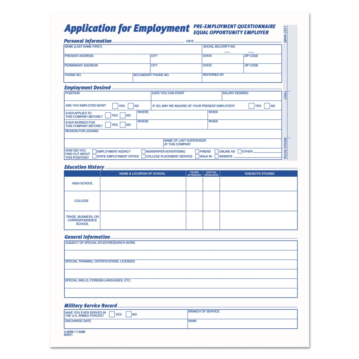 Comprehensive Employee Application Form, One-Part (No Copies), 17 x 11, 25 Forms Total -
