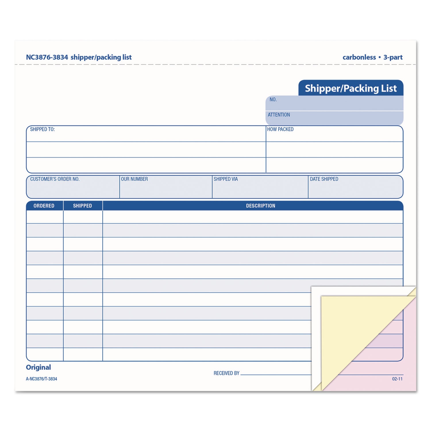 Triplicate Snap-Off Shipper/Packing List, Three-Part Carbonless, 8.5 x 7, 50 Forms Total -