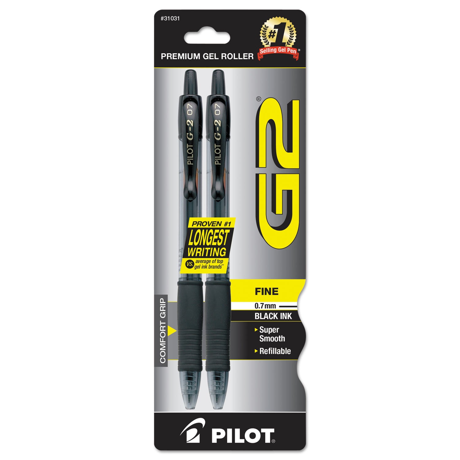 G2 Premium Gel Pen, Retractable, Fine 0.7 mm, Black Ink, Smoke/Black Barrel, 2/Pack -