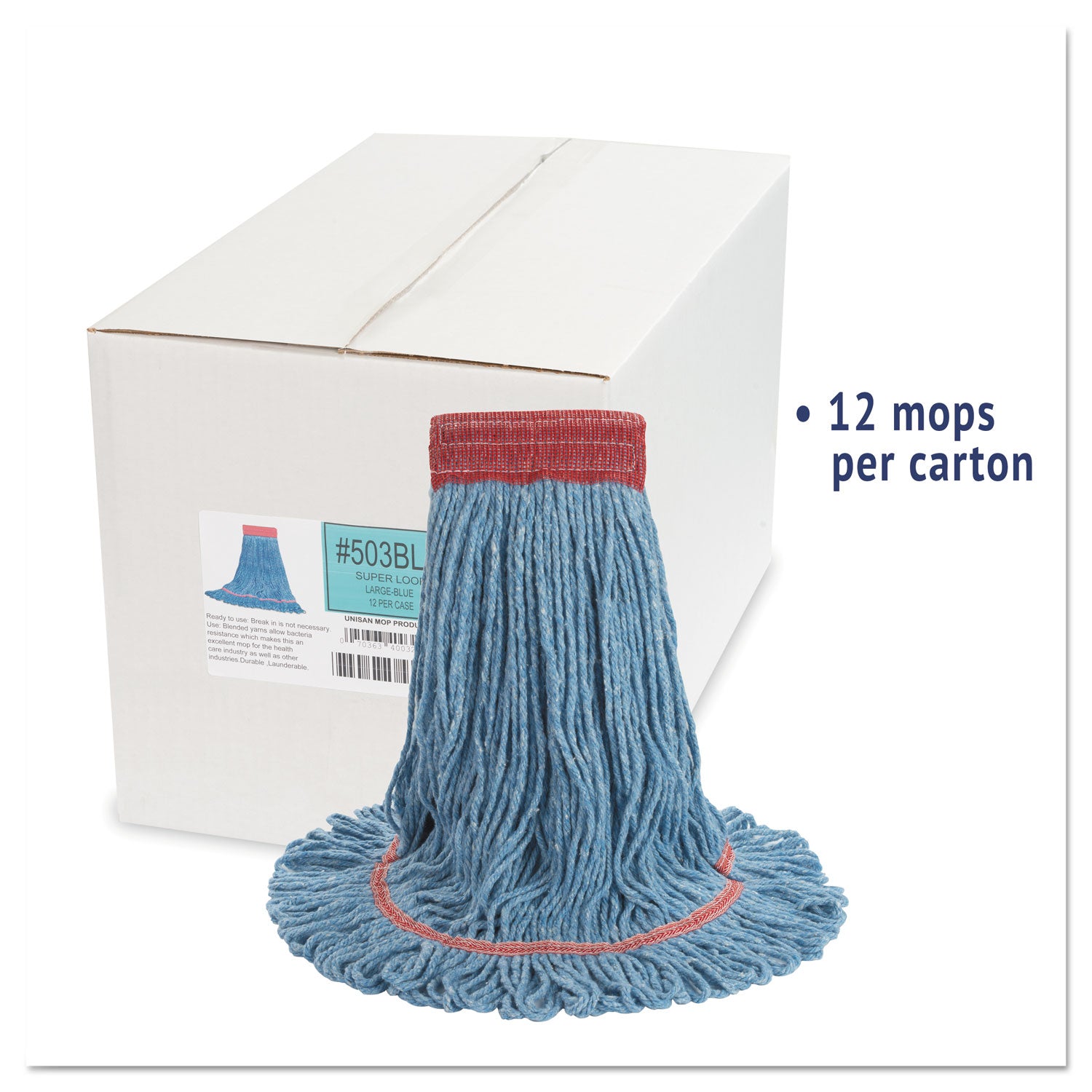 Super Loop Wet Mop Head, Cotton/Synthetic Fiber, 5" Headband, Large Size, Blue, 12/Carton -