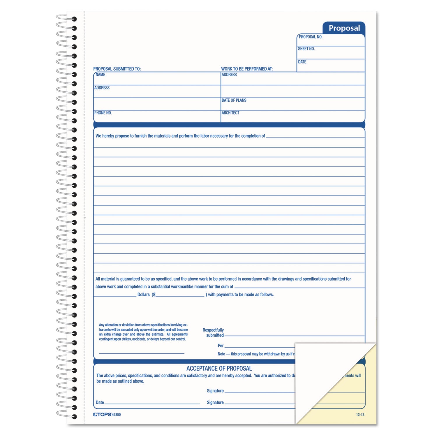 Spiralbound Proposal Form Book, Two-Part Carbonless, 11 x 8.5, 50 Forms Total -