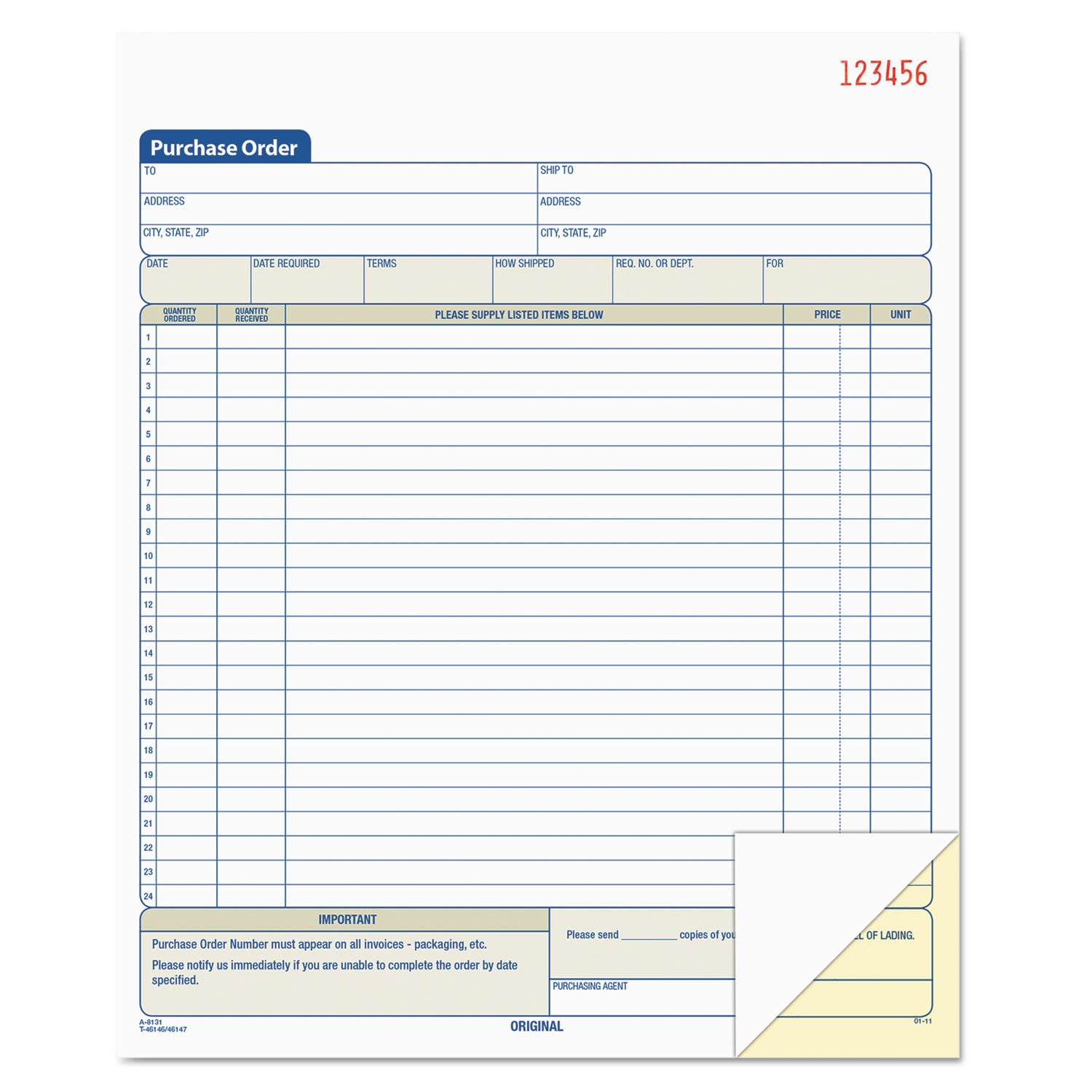 Purchase Order Book, 22 Lines, Two-Part Carbonless, 8.38 x 10.19, 50 Forms Total -