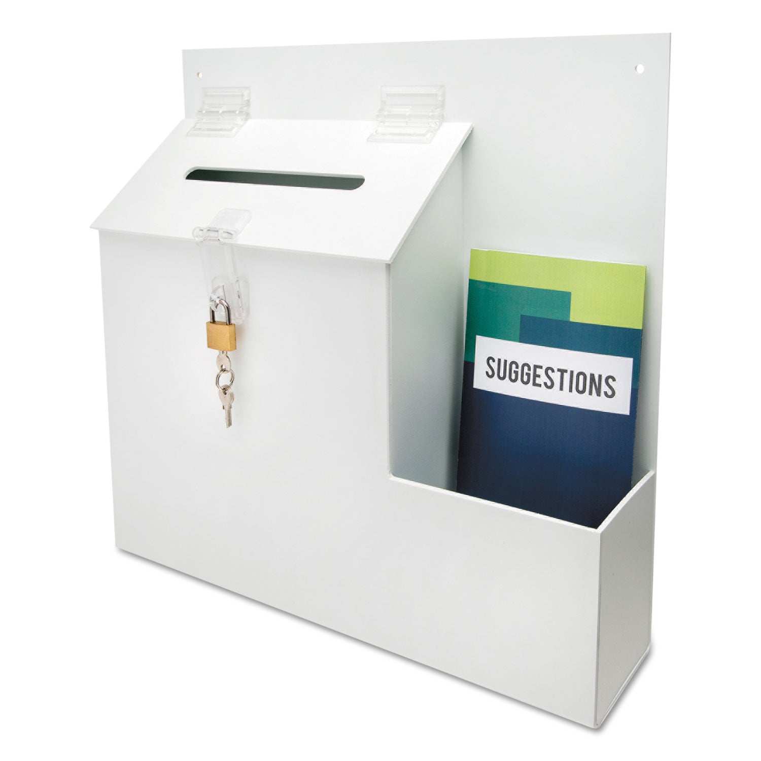Suggestion Box Literature Holder with Locking Top, 13.75 x 3.63 x 13.94, Plastic, White, Ships in 4-6 Business Days -