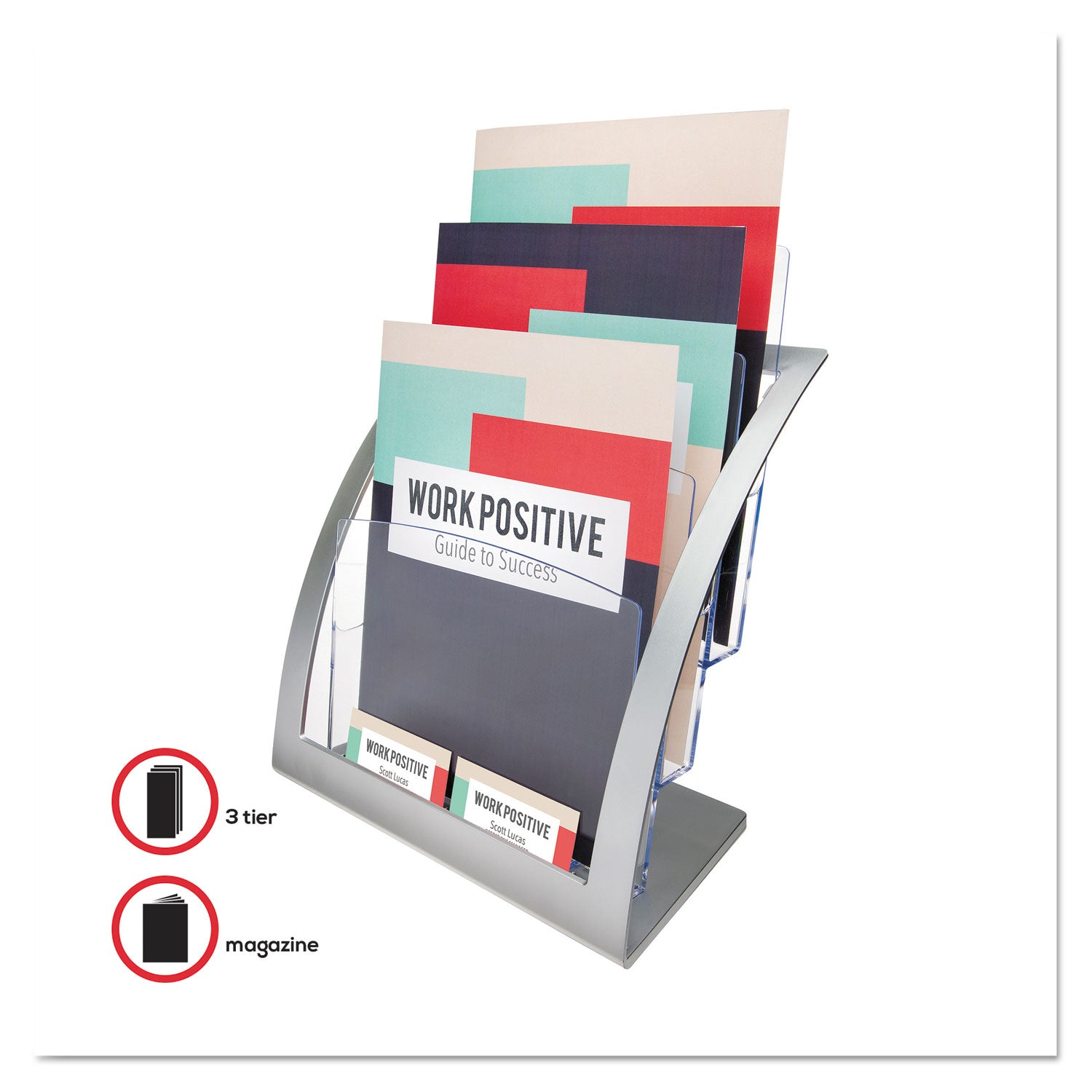 3-Tier Literature Holder, Leaflet Size, 11.25w x 6.94d x 13.31h, Silver -