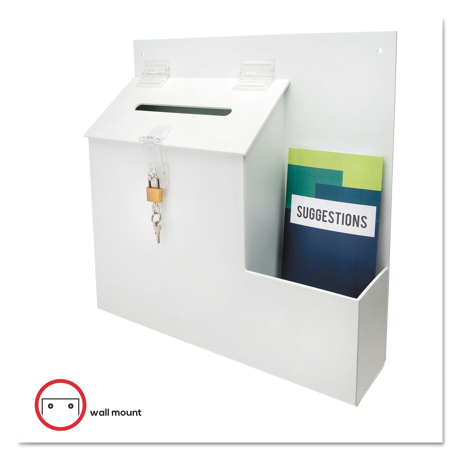 Suggestion Box Literature Holder with Locking Top, 13.75 x 3.63 x 13.94, Plastic, White, Ships in 4-6 Business Days -