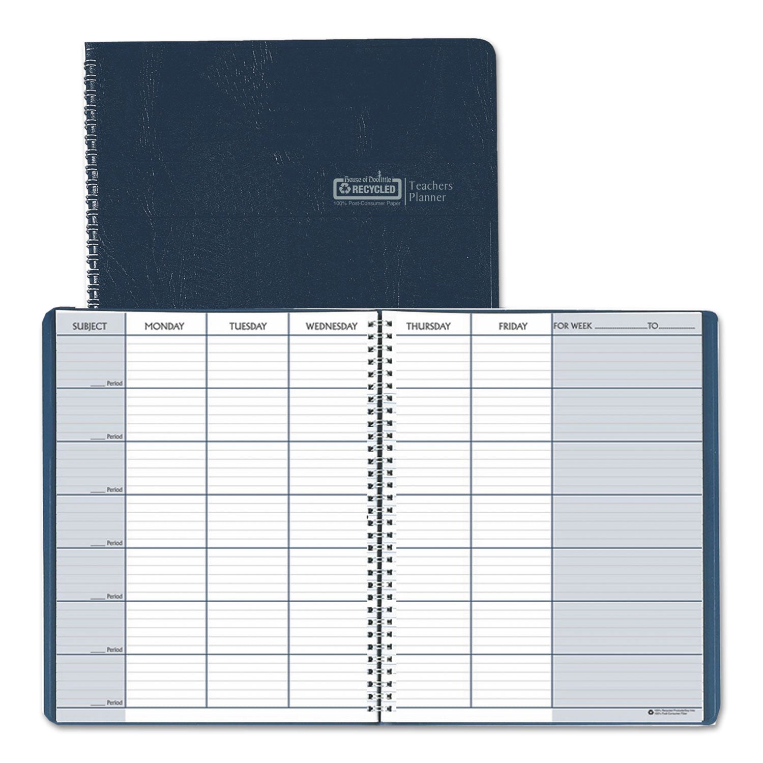 Recycled Teacher's Planner, Weekly, Two-Page Spread (Seven Classes), 11 x 8.5, Blue Cover -