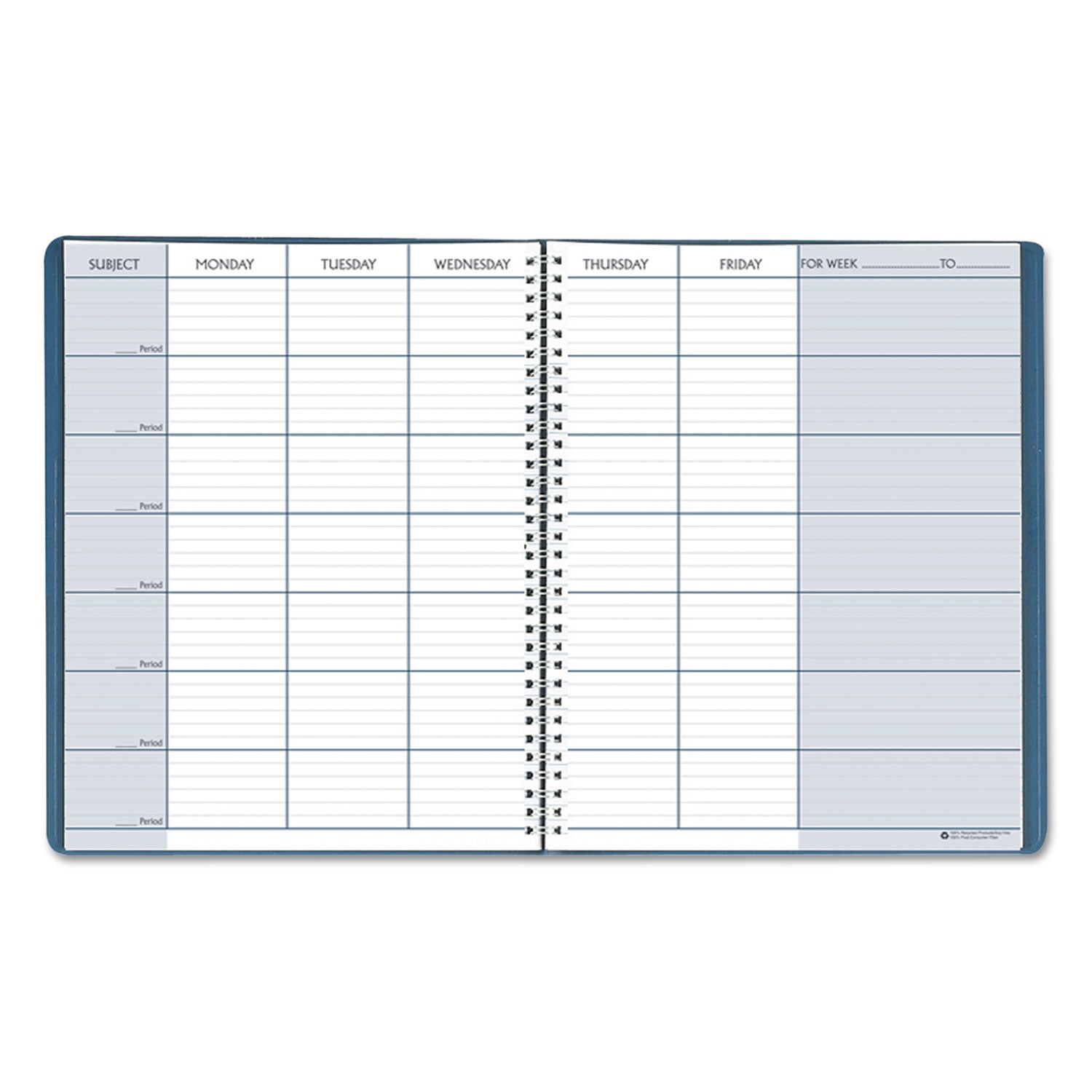 Recycled Teacher's Planner, Weekly, Two-Page Spread (Seven Classes), 11 x 8.5, Blue Cover -
