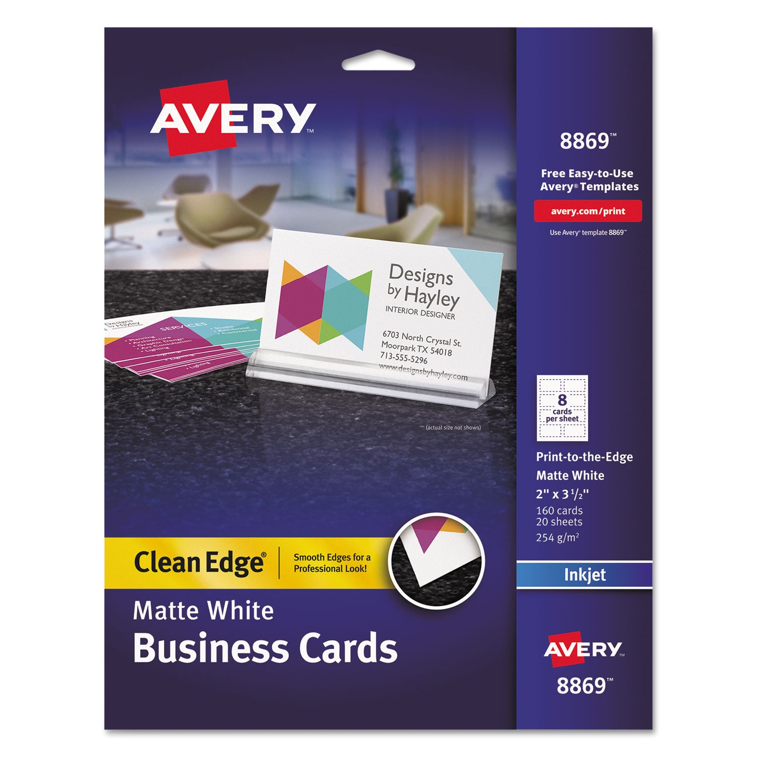 Print-to-the-Edge True Print Business Cards, Inkjet, 2 x 3.5, White, 160 Cards, 8 Cards Sheet, 20 Sheets/Pack -