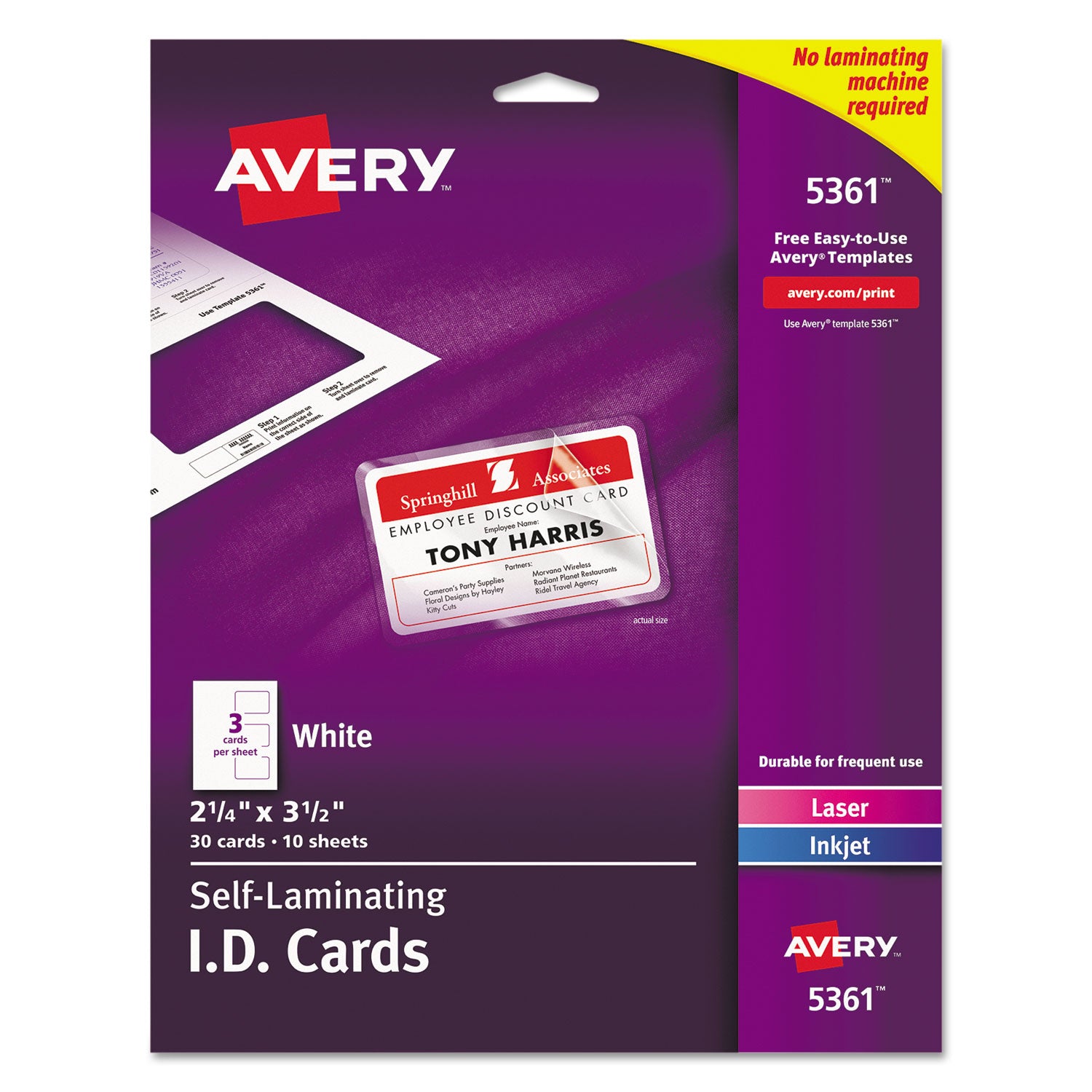 Laminated Laser/Inkjet ID Cards, 2 1/4 x 3 1/2, White, 30/Box -