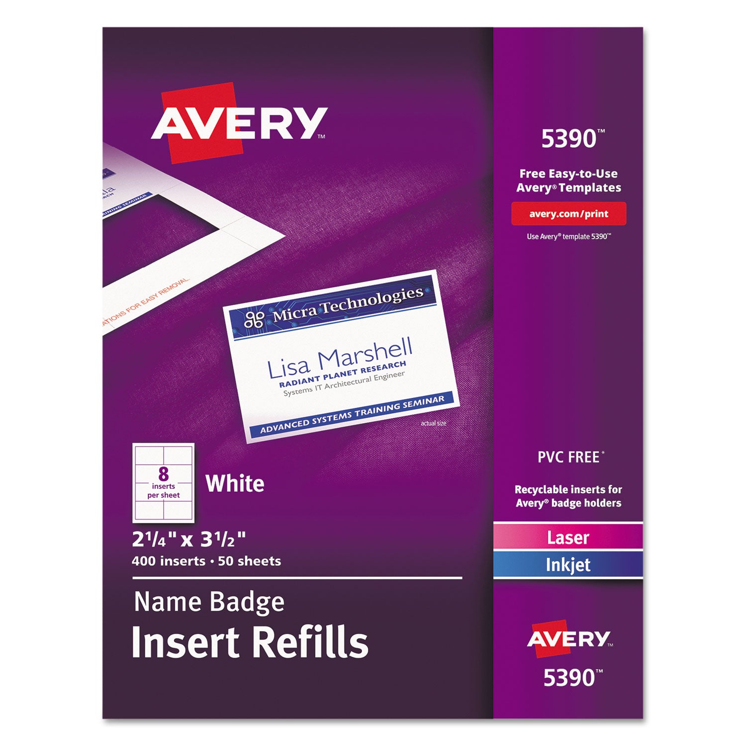 Name Badge Insert Refills, Horizontal/Vertical, 2 1/4 x 3 1/2, White, 400/Box -