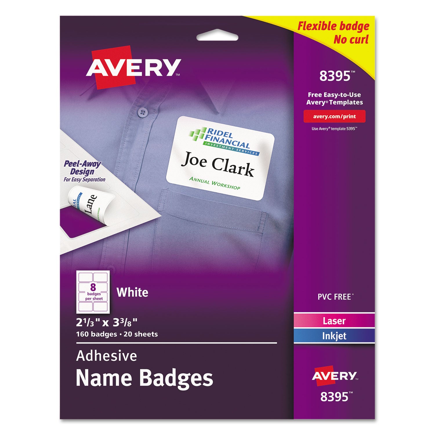 Flexible Adhesive Name Badge Labels, 3.38 x 2.33, White, 160/Pack -