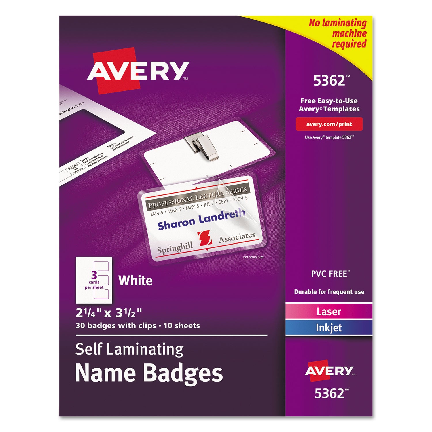 Self-Laminating Laser/Inkjet Printer Badges, 2.25 x 3.5, White, 30/Box -