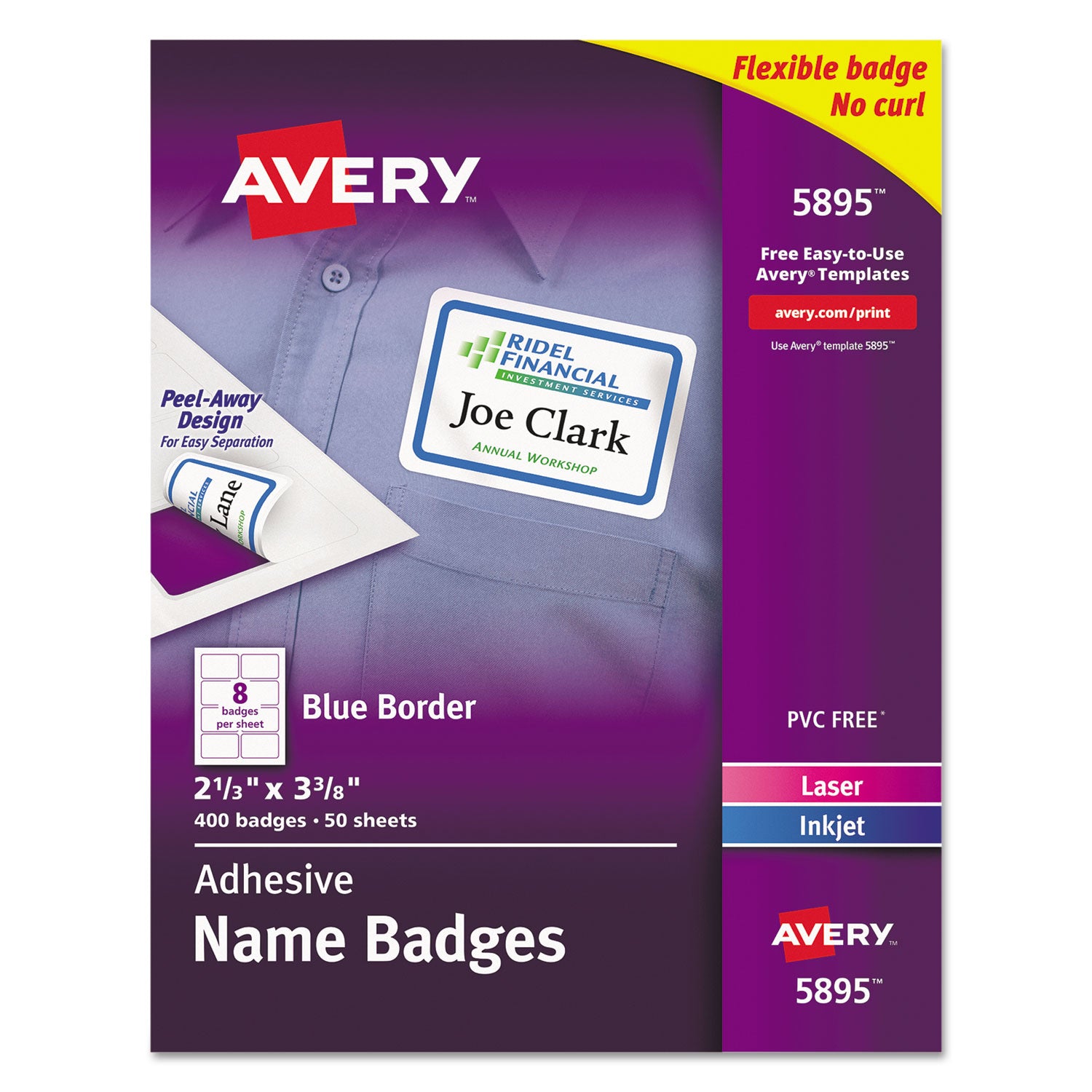 Flexible Adhesive Name Badge Labels, 3.38 x 2.33, White/Blue Border, 400/Box -
