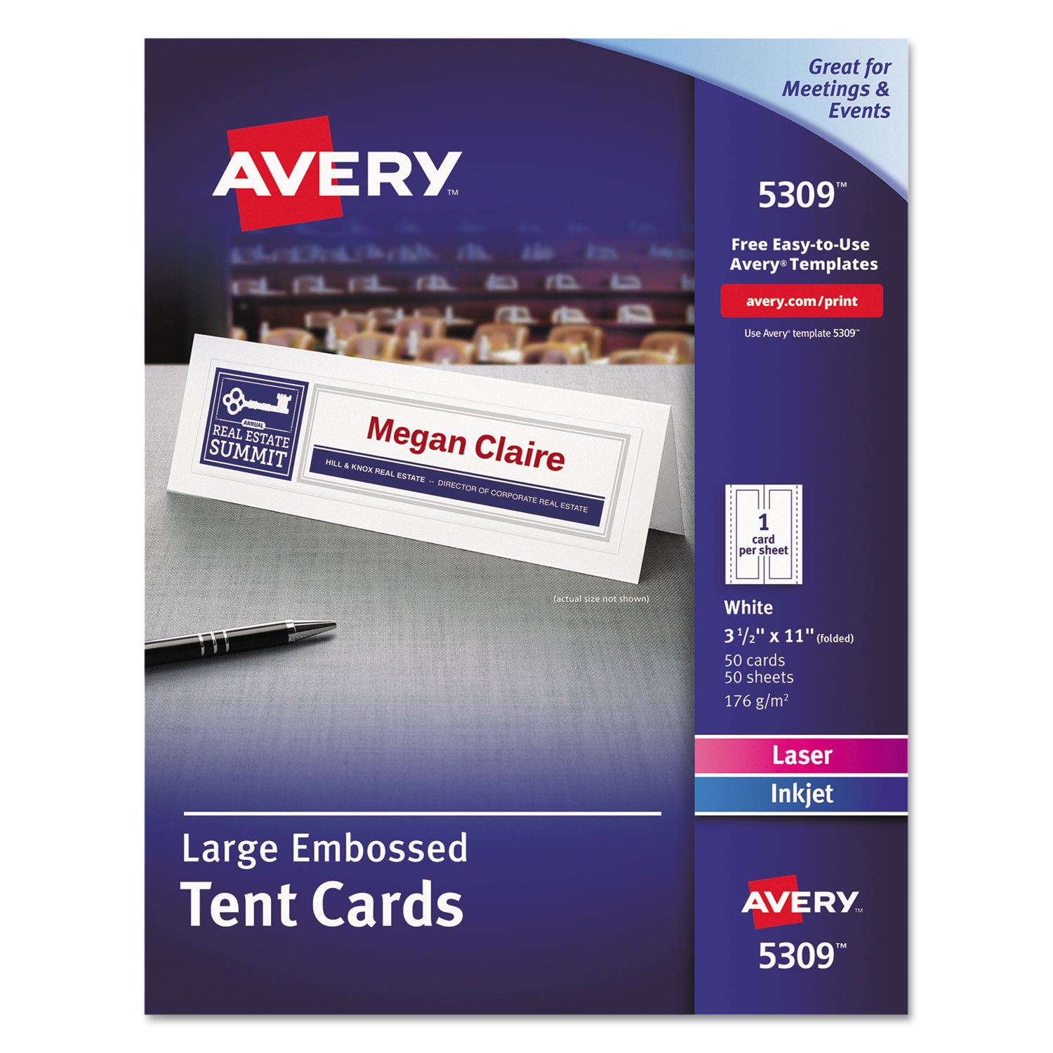Large Embossed Tent Card, White, 3.5 x 11, 1 Card/Sheet, 50 Sheets/Box -
