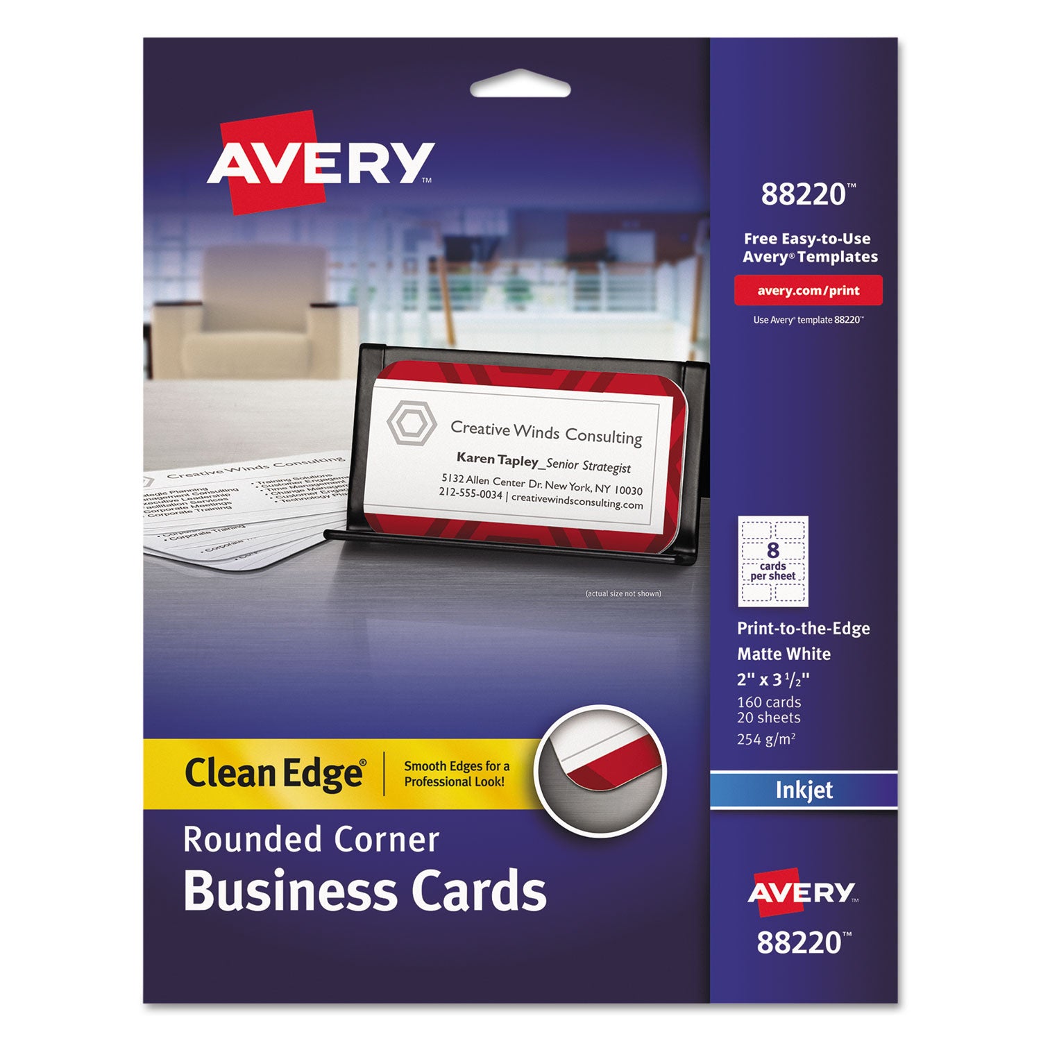 Round Corner Print-to-the-Edge Business Cards, Inkjet, 2 x 3.5, White, 160 Cards, 8 Cards/Sheet, 20 Sheets/Pack -
