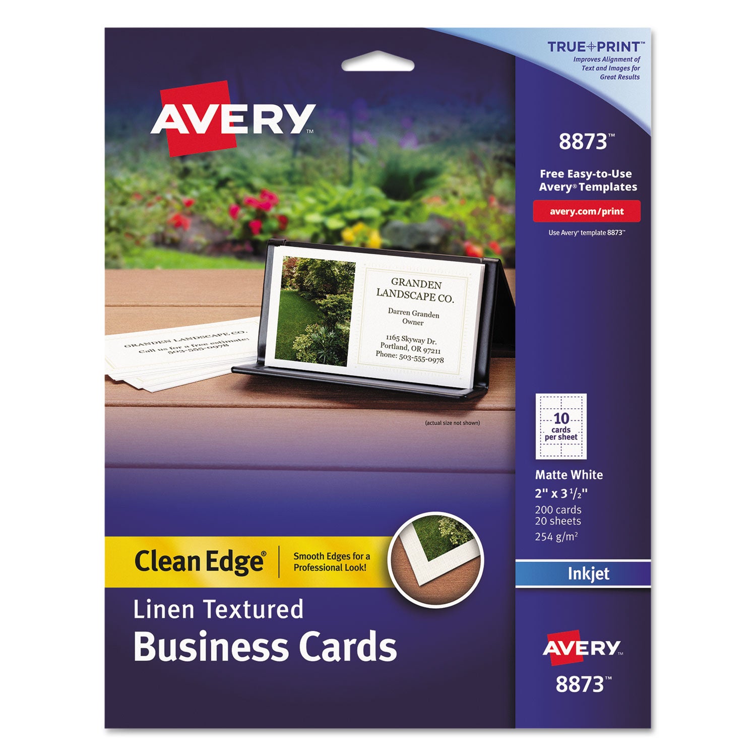 Linen Texture True Print Business Cards, Inkjet, 2 x 3.5, White, 200 Cards, 10 Cards/Sheet, 20 Sheets/Pack -