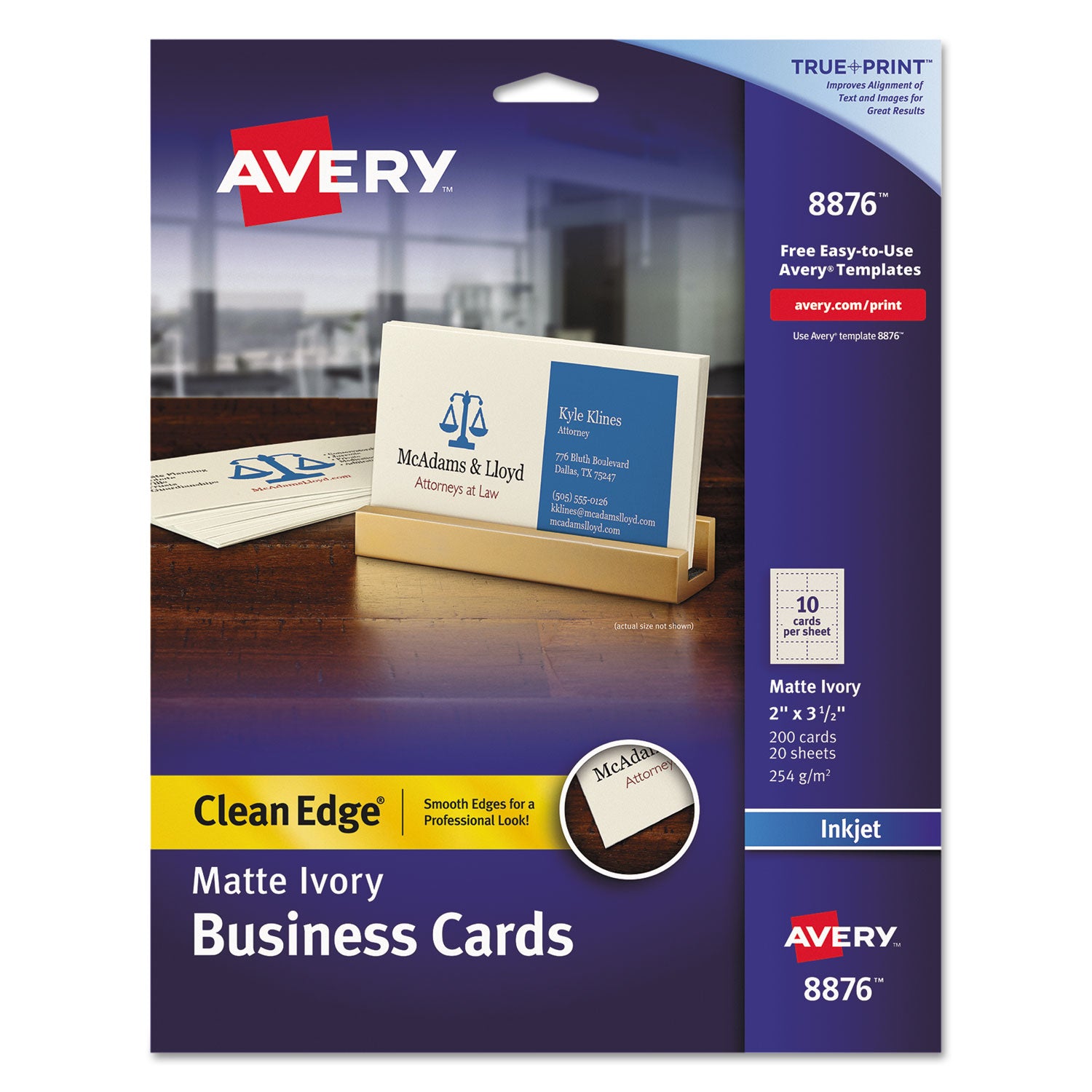 True Print Clean Edge Business Cards, Inkjet, 2 x 3.5, Ivory, 200 Cards, 10 Cards Sheet, 20 Sheets/Pack -