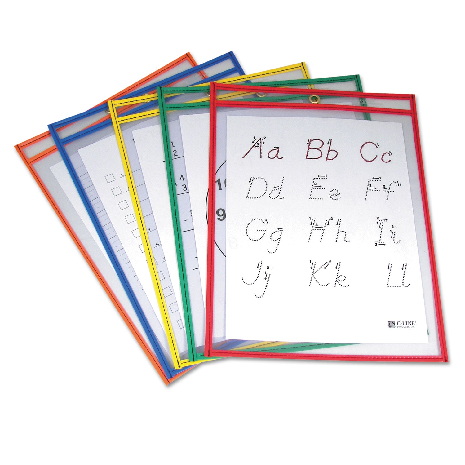 Reusable Dry Erase Pockets, 9 x 12, Assorted Primary Colors, 5/Pack -