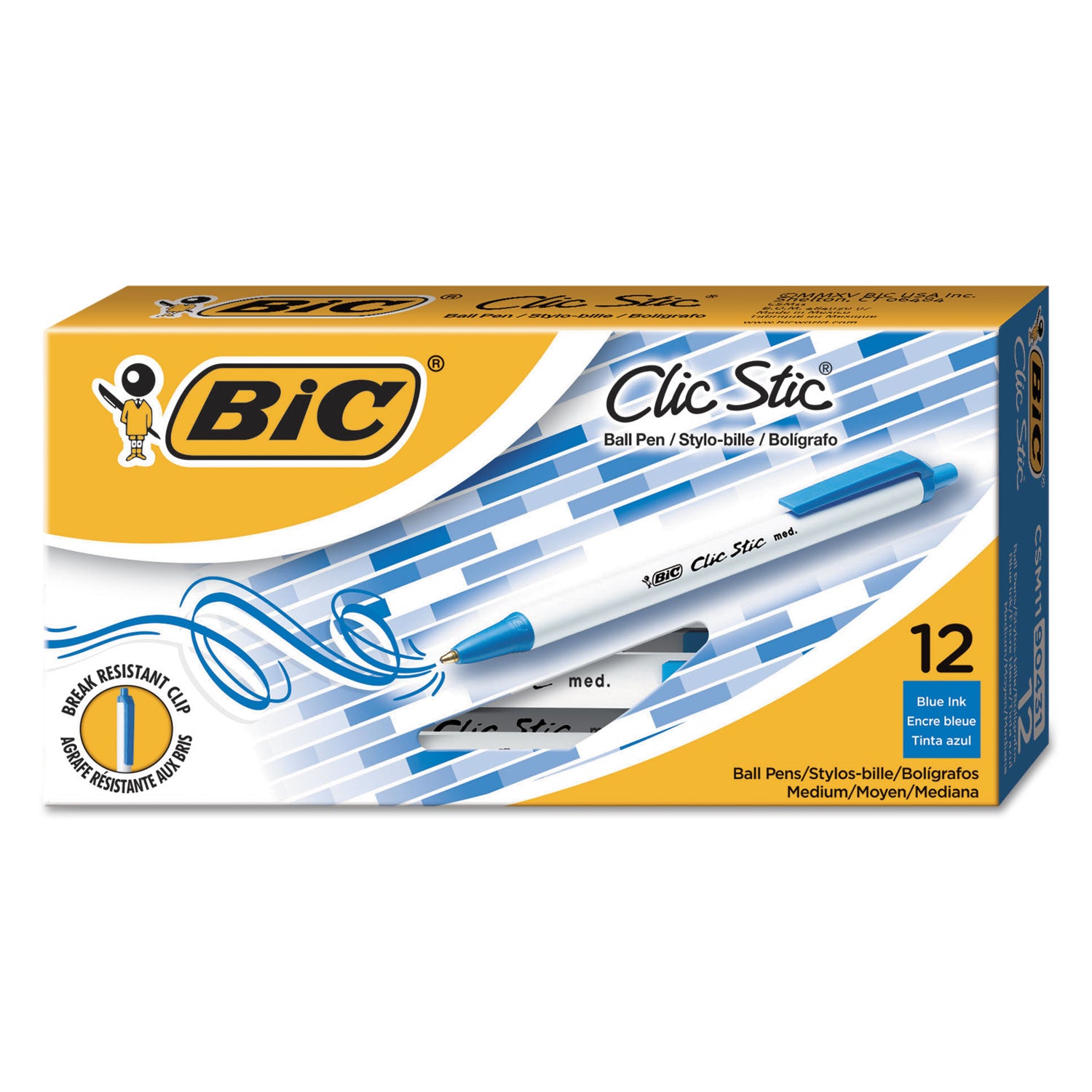Clic Stic Ballpoint Pen, Retractable, Medium 1 mm, Blue Ink, White Barrel, Dozen -
