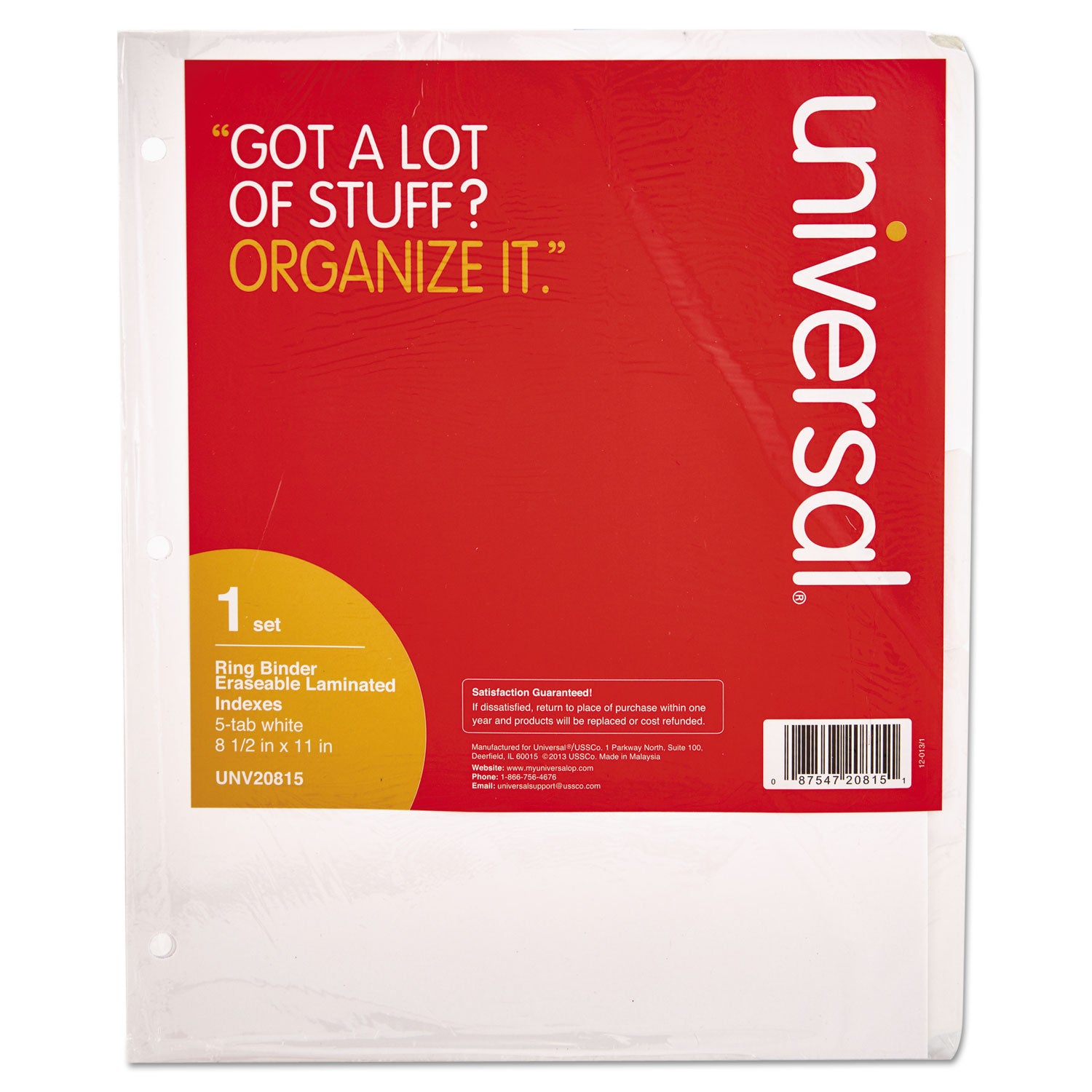 Deluxe Write-On/Erasable Tab Index, 5-Tab, 11 x 8.5, White, White Tabs, 1 Set -