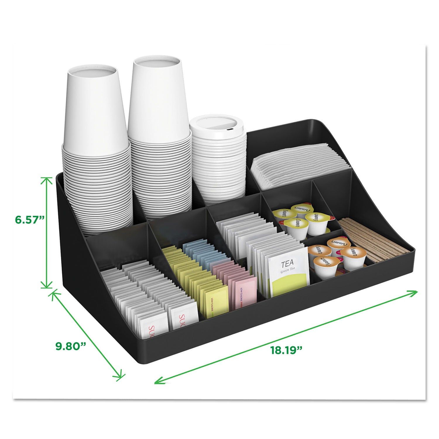 11-Compartment Coffee Condiment Organizer, 18.25 x 6.63 x 9.78, Black -
