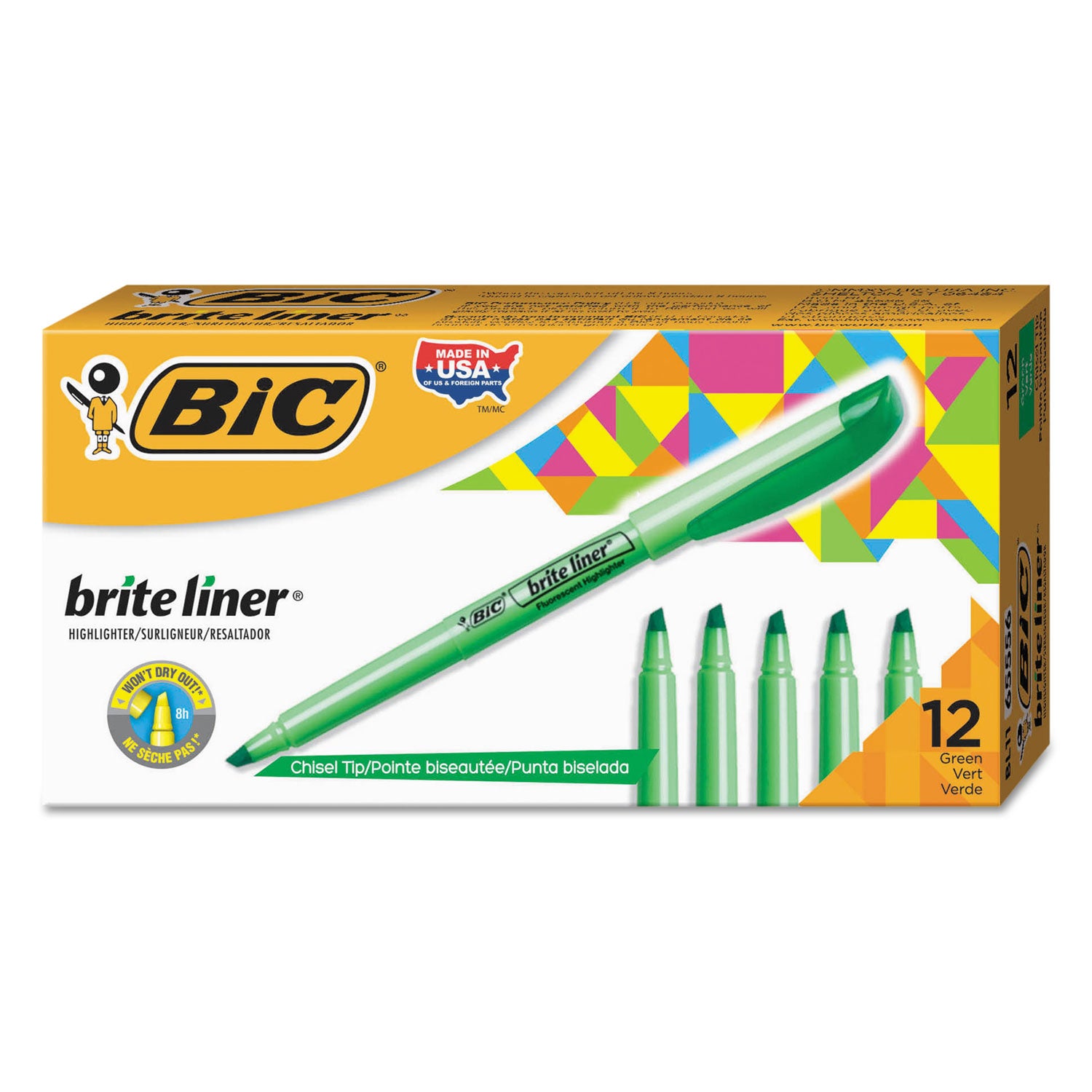 Brite Liner Highlighter, Fluorescent Green Ink, Chisel Tip, Green/Black Barrel, Dozen -