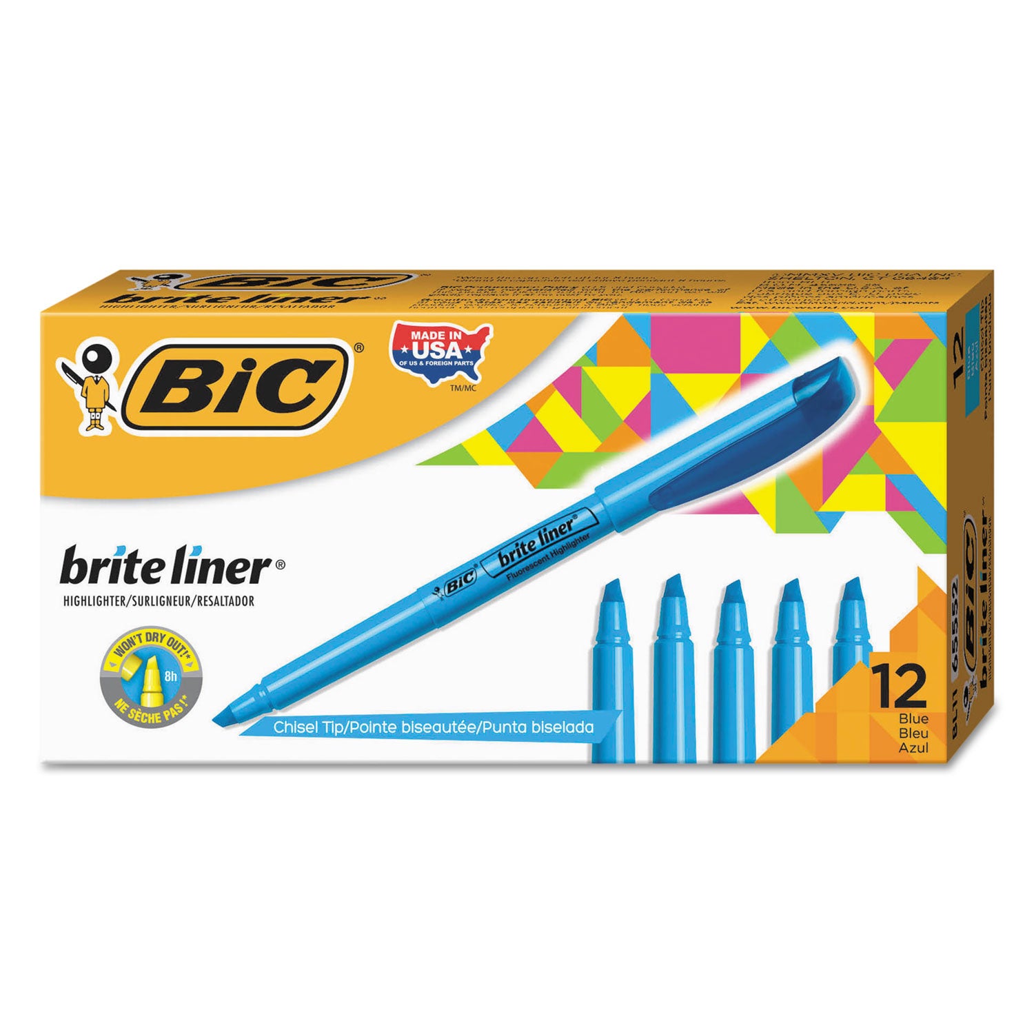 Brite Liner Highlighter, Fluorescent Blue Ink, Chisel Tip, Blue/Black Barrel, Dozen -