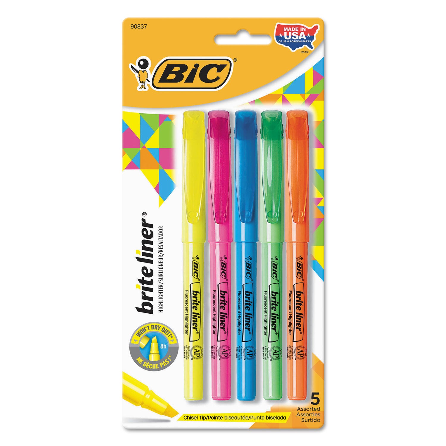 Brite Liner Highlighter, Assorted Ink Colors, Chisel Tip, Assorted Barrel Colors, 5/Set -