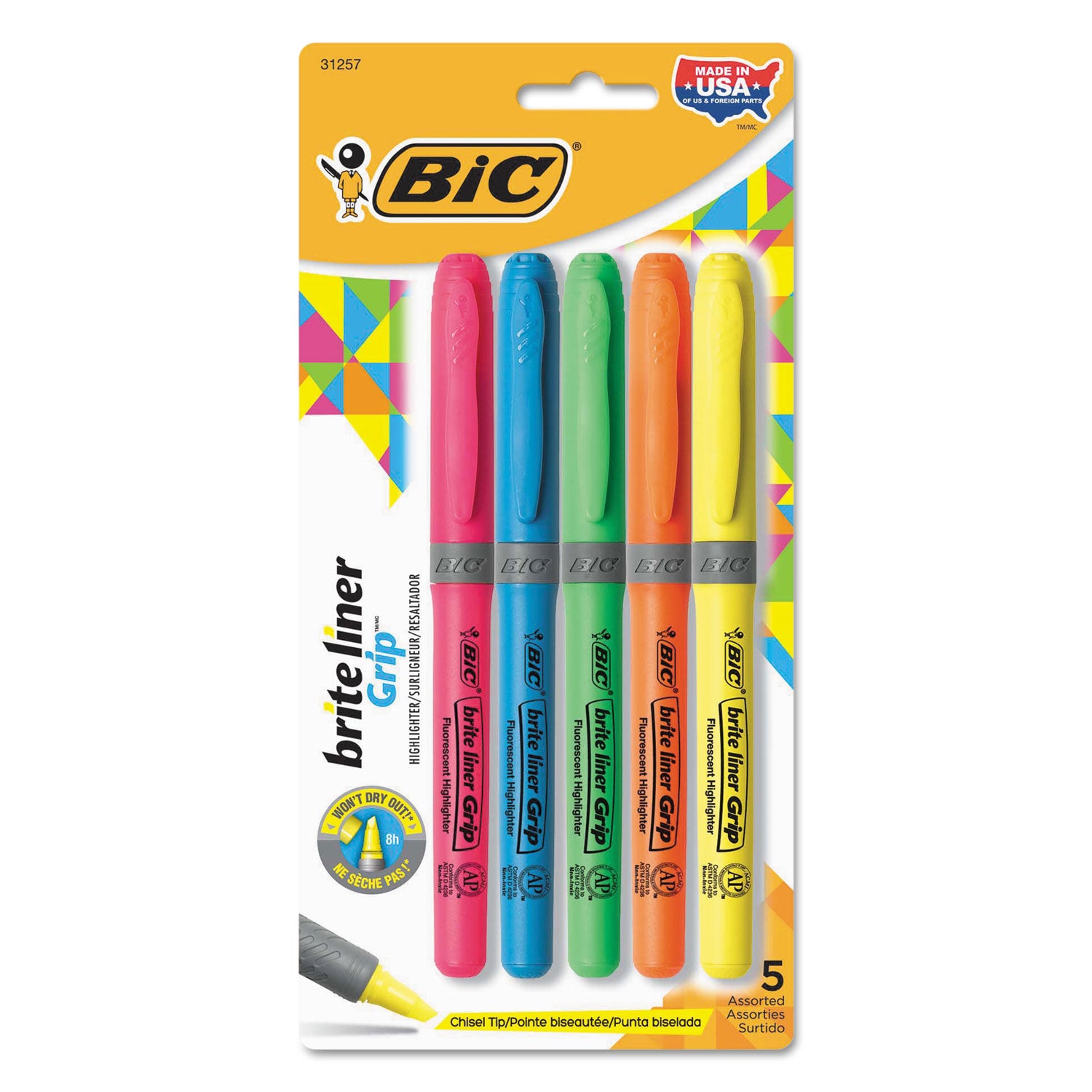Brite Liner Grip Pocket Highlighter, Assorted Ink Colors, Chisel Tip, Assorted Barrel Colors, 5/Set -