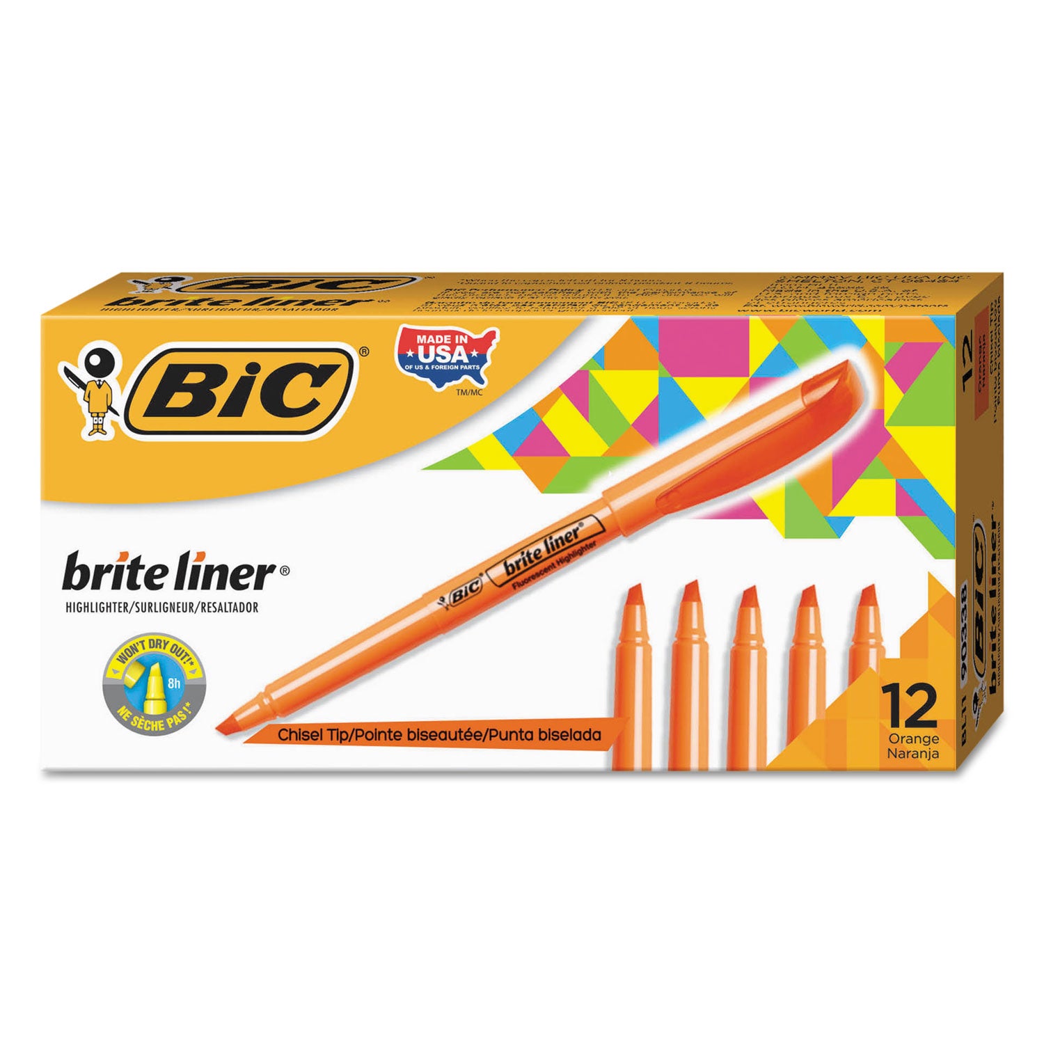 Brite Liner Highlighter, Fluorescent Orange Ink, Chisel Tip, Orange/Black Barrel, Dozen -
