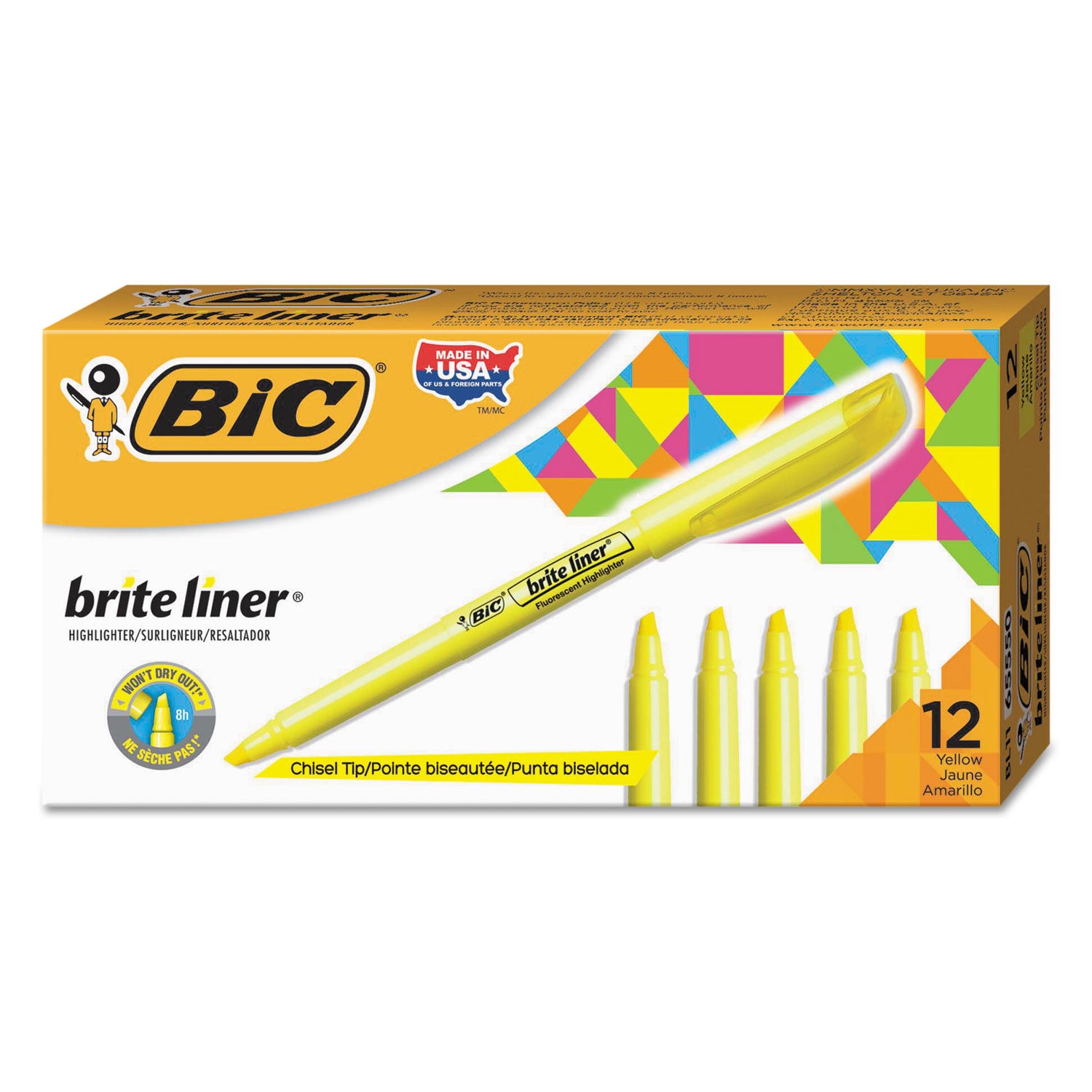 Brite Liner Highlighter, Fluorescent Yellow Ink, Chisel Tip, Yellow/Black Barrel, Dozen -