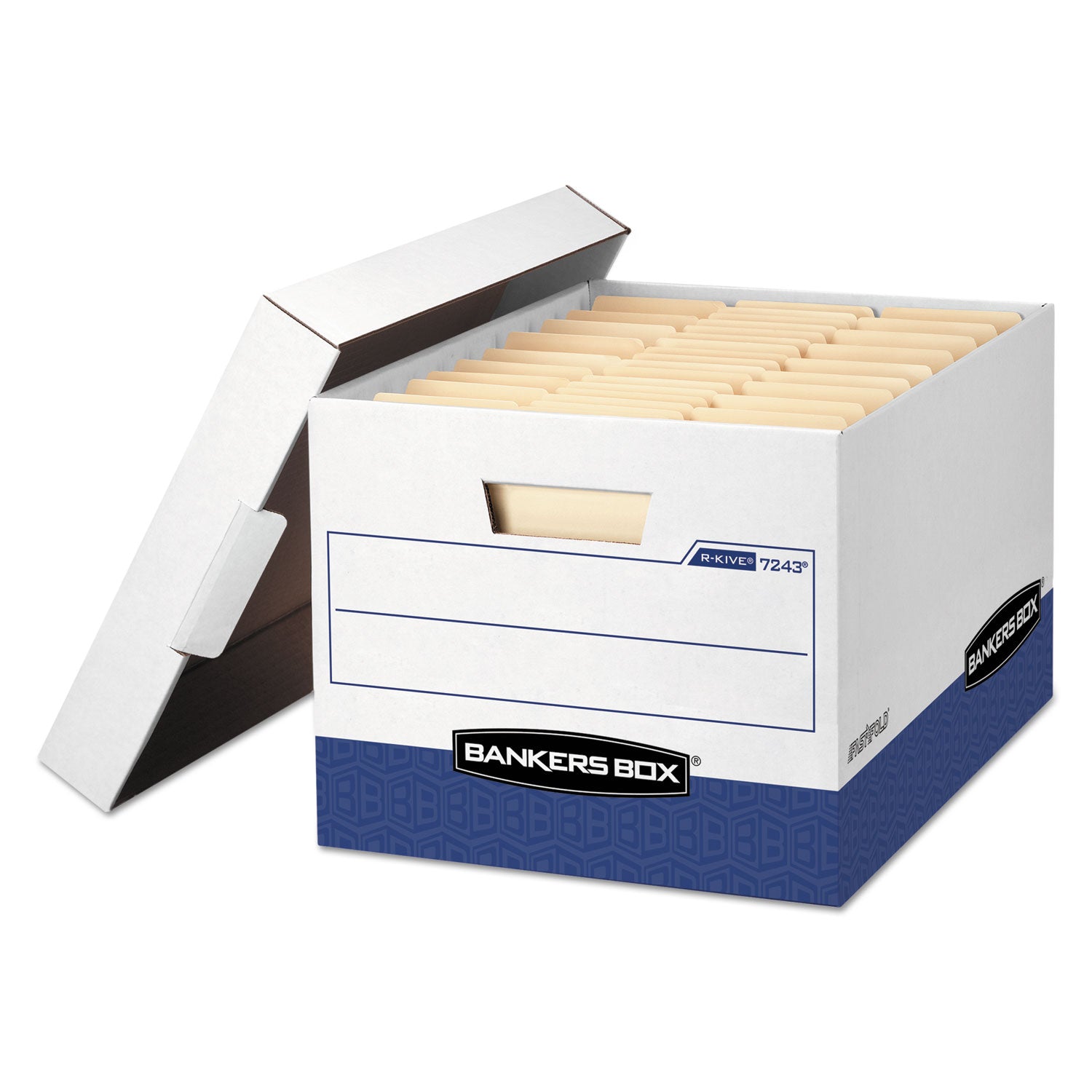 R-KIVE Heavy-Duty Storage Boxes, Letter/Legal Files, 12.75" x 16.5" x 10.38", White/Blue, 12/Carton -