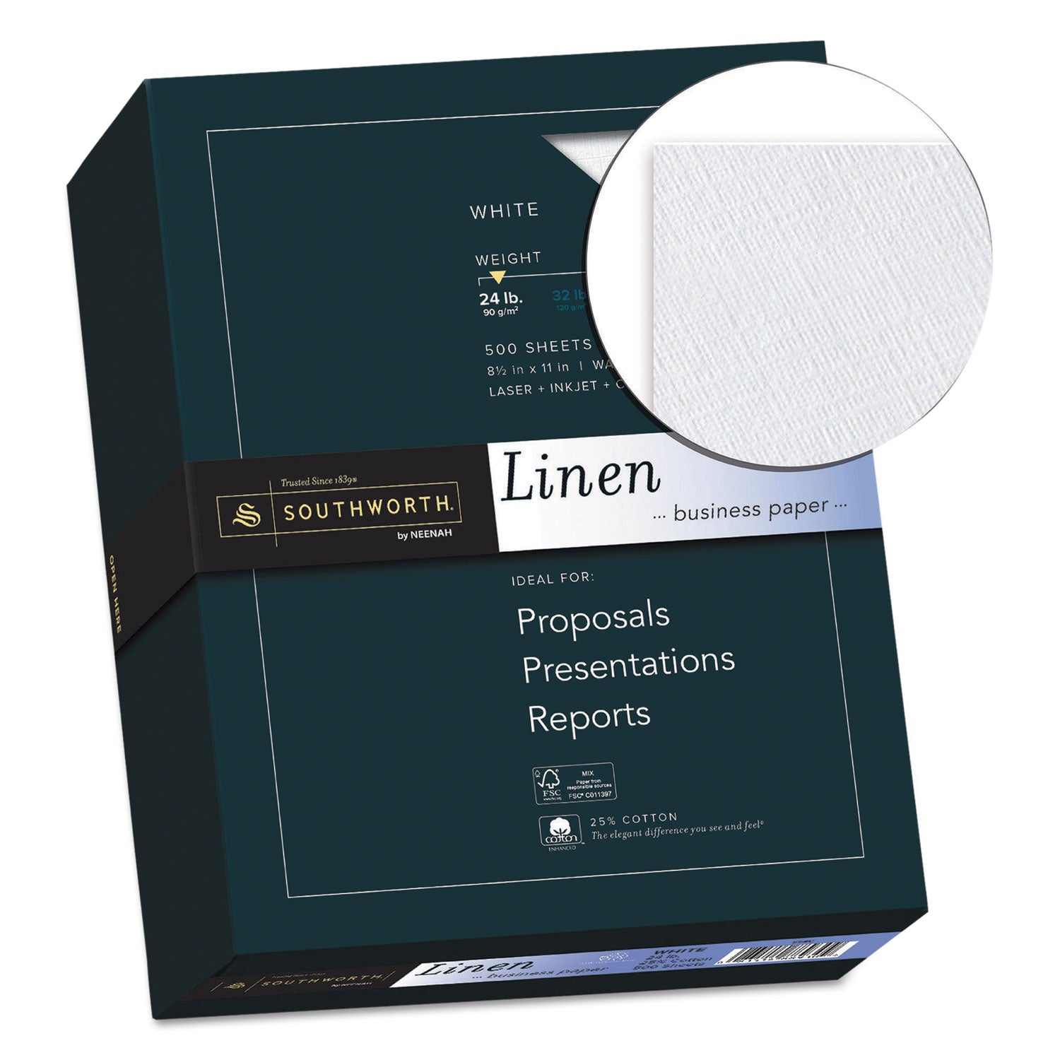 25% Cotton Linen Business Paper, 91 Bright, 24 lb Bond Weight, 8.5 x 11, White, 500/Ream -