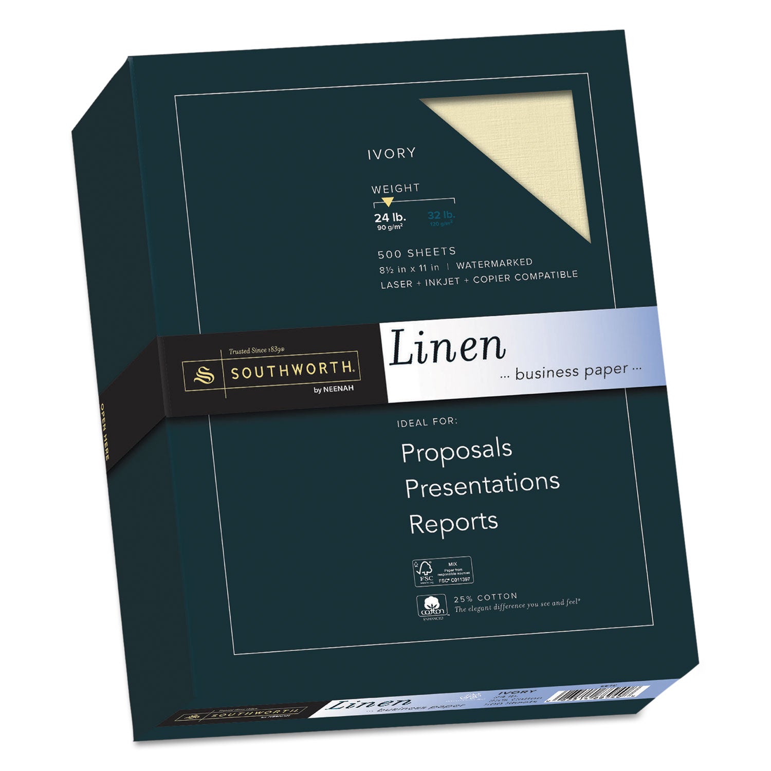 25% Cotton Linen Business Paper, 24 lb Bond Weight, 8.5 x 11, Ivory, 500/Ream -