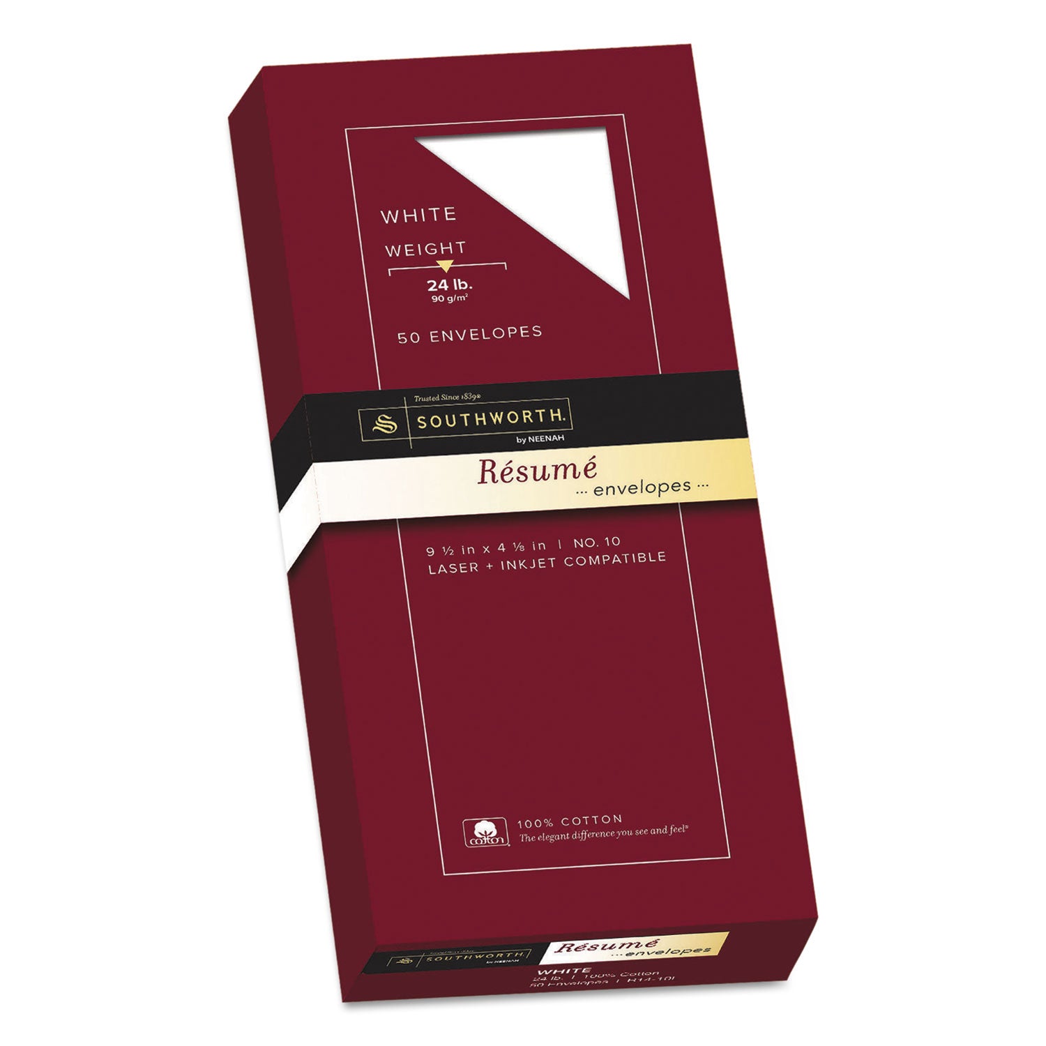 100% Cotton Resume Envelope, #10, Commercial Flap, Gummed Closure, 4.13 x 9.5, White, 50/Box -