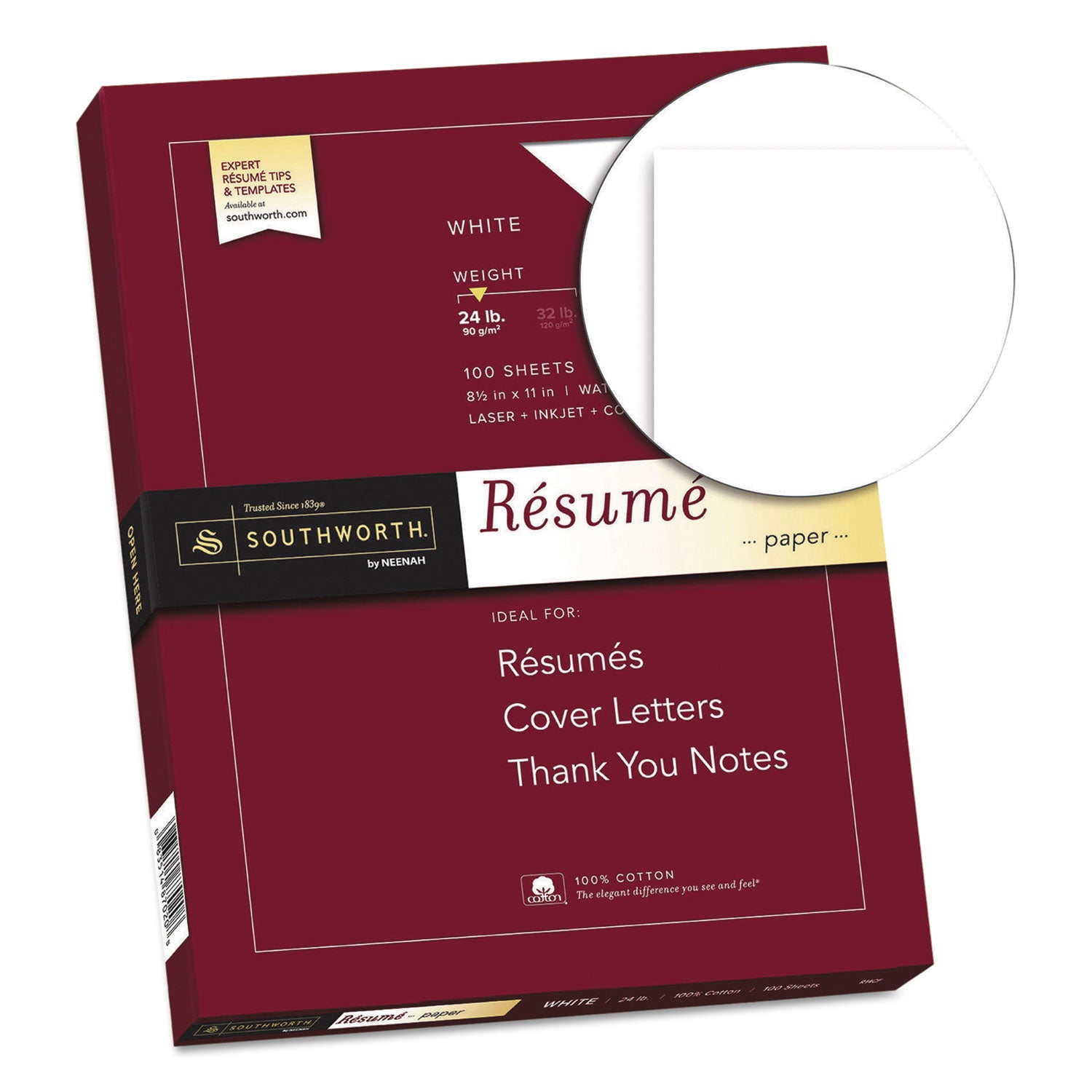 100% Cotton Resume Paper, 95 Bright, 24 lb Bond Weight, 8.5 x 11, White, 100/Pack -